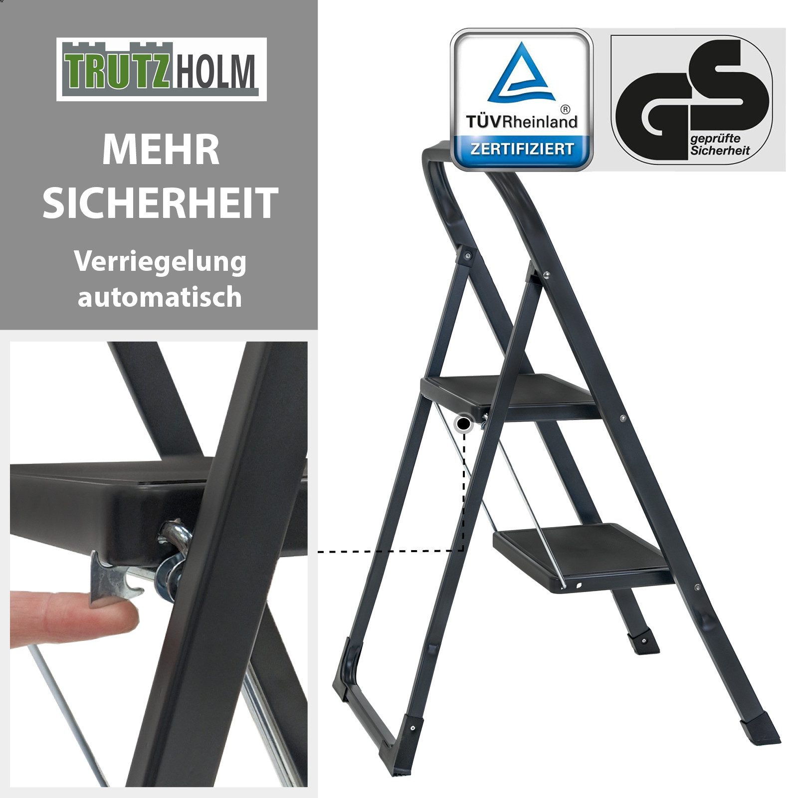 TRUTZHOLM Klapptritt Trittleiter 2-stufig klappbar TÜV/GS Trittflächen Klapptritt Leiter, Anti-Rutsch,150kg Belastbar – Bild 5 von 5
