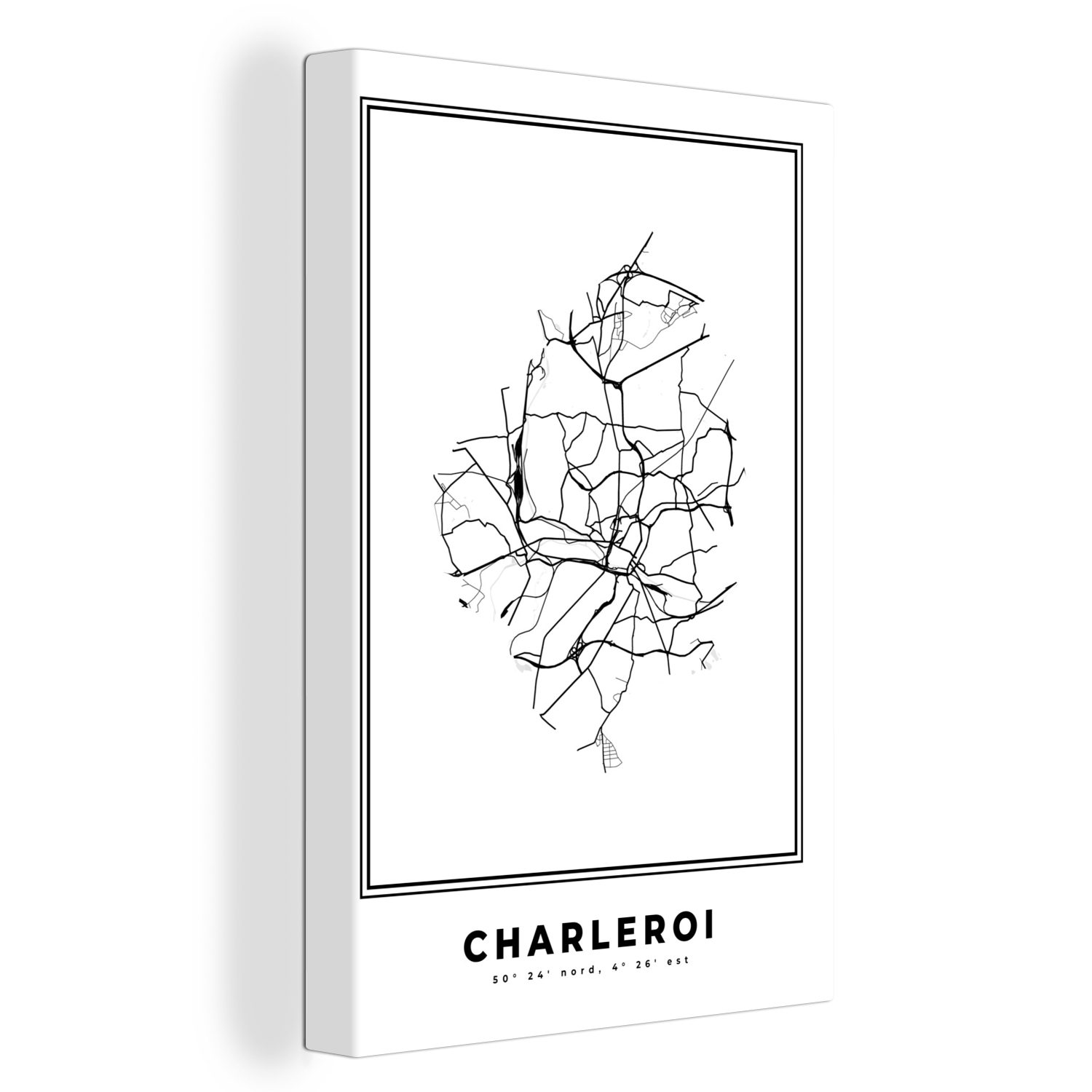 OneMillionCanvasses® Leinwandbild Leinwandbild - Schwarz cm - Karte bespannt inkl. Charleroi Stadtplan Belgien, (1 - und 20x30 Zackenaufhänger, weiß Gemälde, - fertig St),