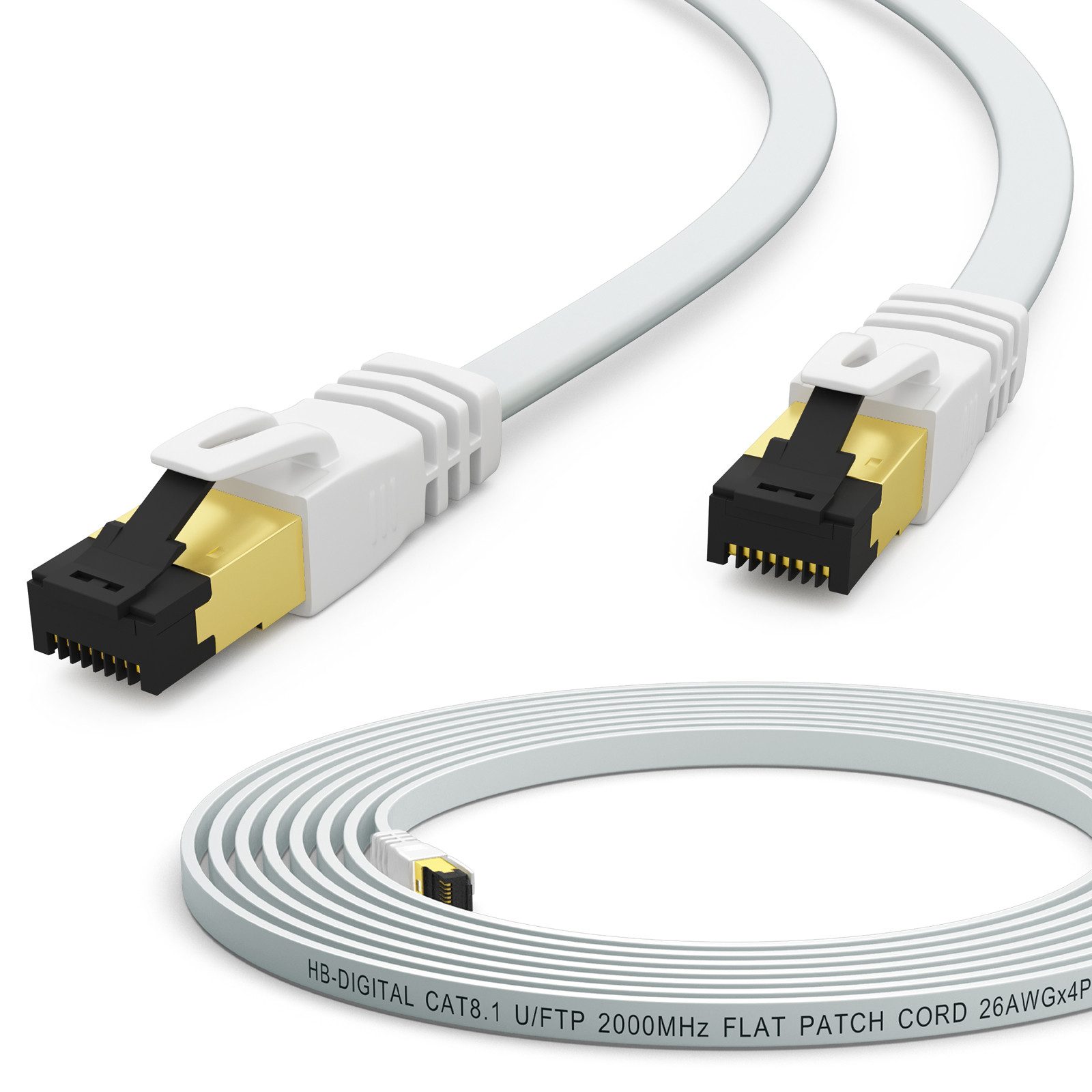 HB-DIGITAL Netzwerkkabel CAT 8.1 Patchkabel flach LAN Kabel CAT 8 U/FTP PVC Netzwerkkabel, RJ45, (25 cm), Kontaktoberfläche: Pins Vergoldet 50µ