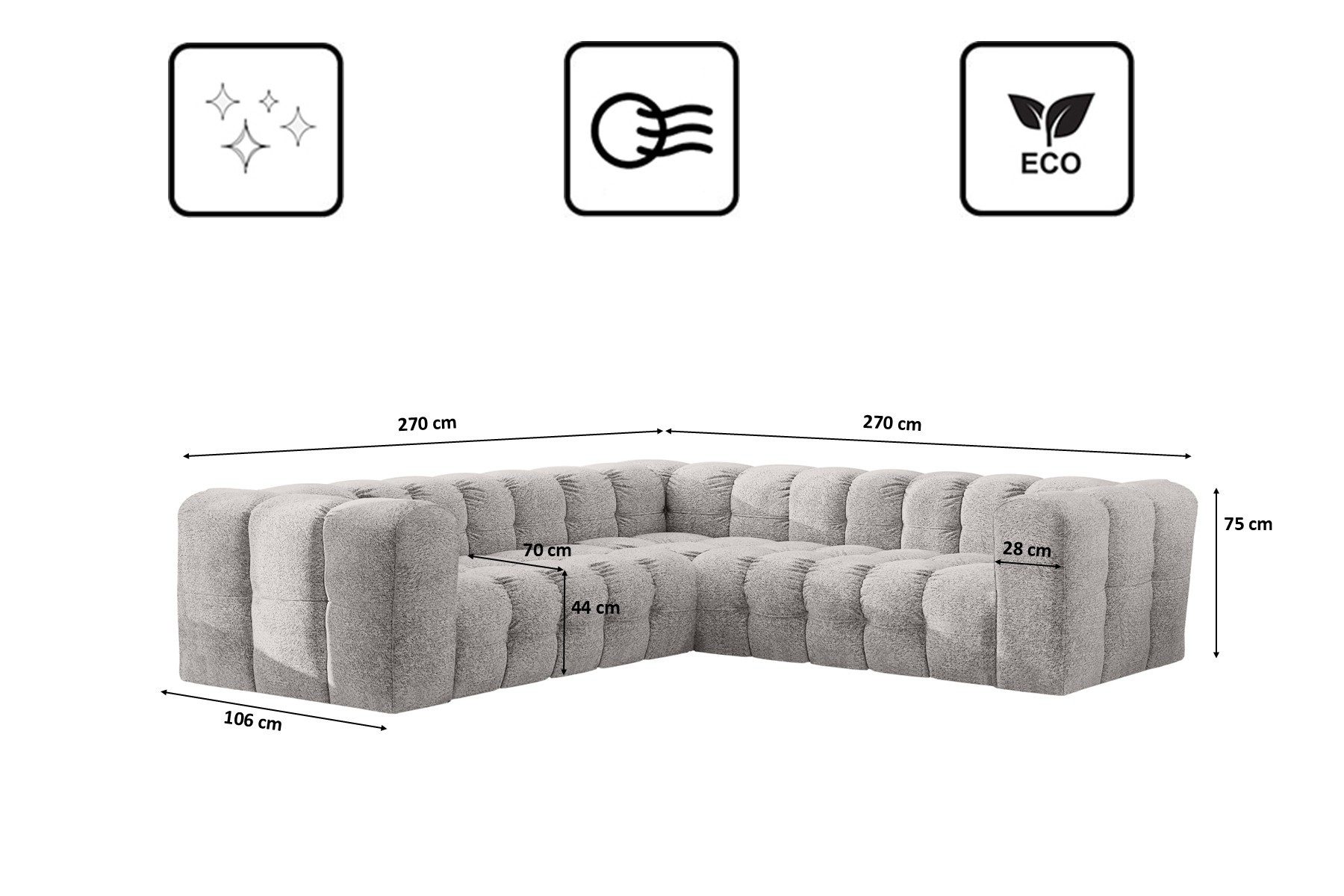Kaiser Möbel Ecksofa CORNER BALOO Designer mit Steppung, Wohnzimmer, Stoff Arena, gesteppte Oberfläche,hoher Sitzkomfort,zeitloses Design