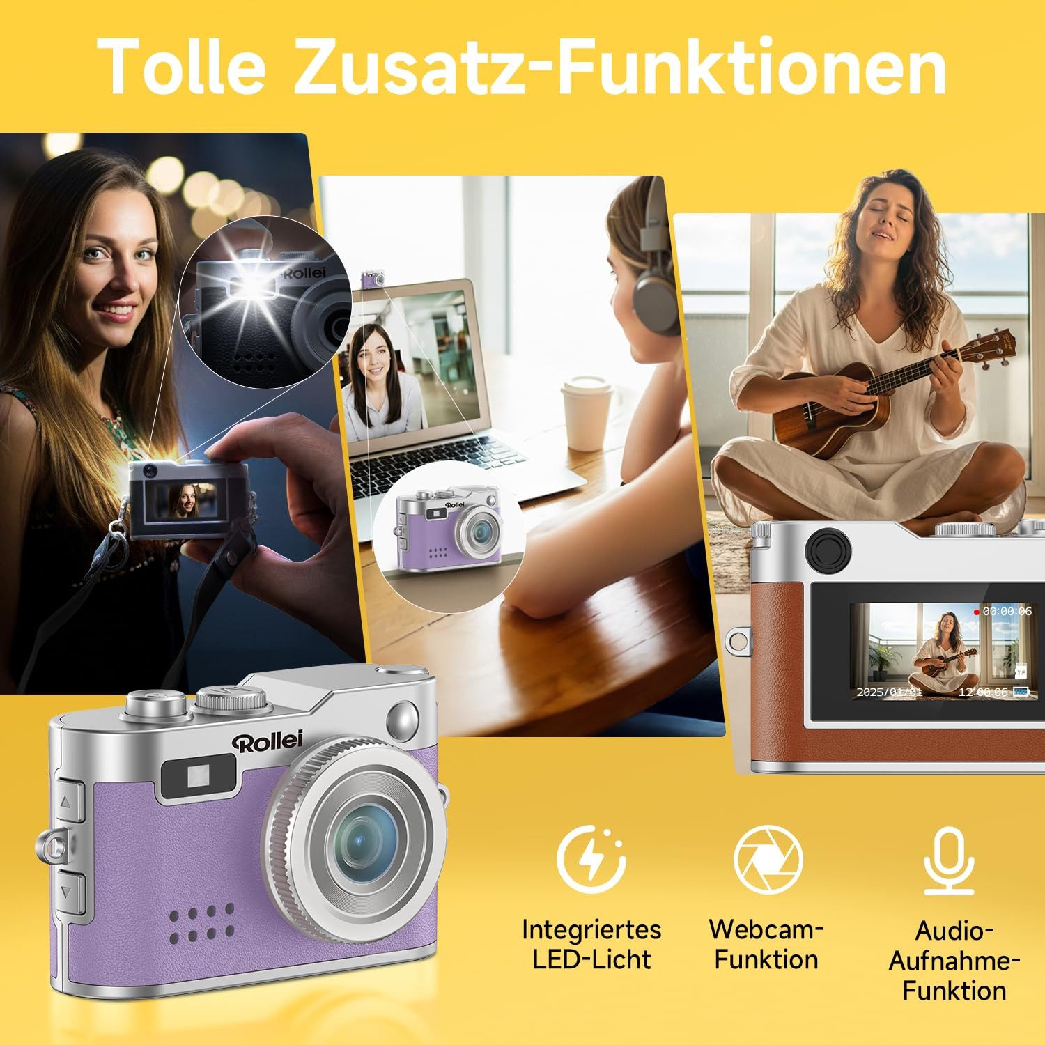 Rollei ROLLEI Mini Digitalkamera Kompaktkamera (Kompakte Mini Digitalkamera mit lila Farbe, LEDs, Effekte)