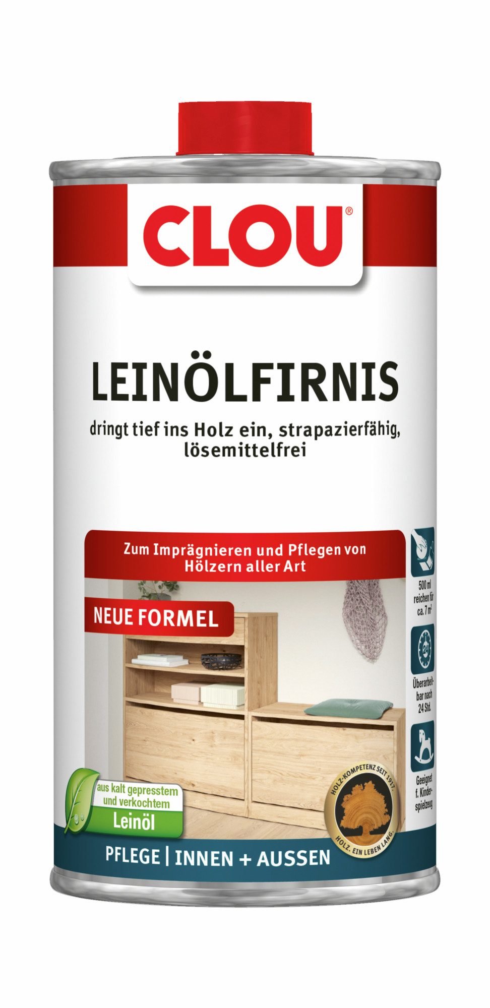 CLOU Leinölfirnis 0,5l, Imprägnierender Tiefenschutz für Holz innen und außen, farblos
