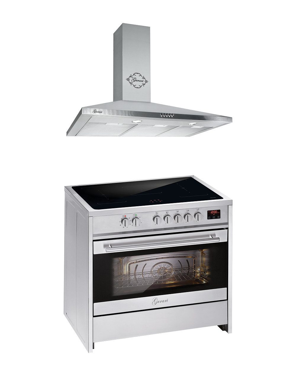GURARI Induktions Herd-Set GCH E 913 X +GCH C 147 IS 9, mit 1-fach-Teleskopauszug, Induktions Standherd 90 cm/121L +Dunstabzugshaube 90 cm
