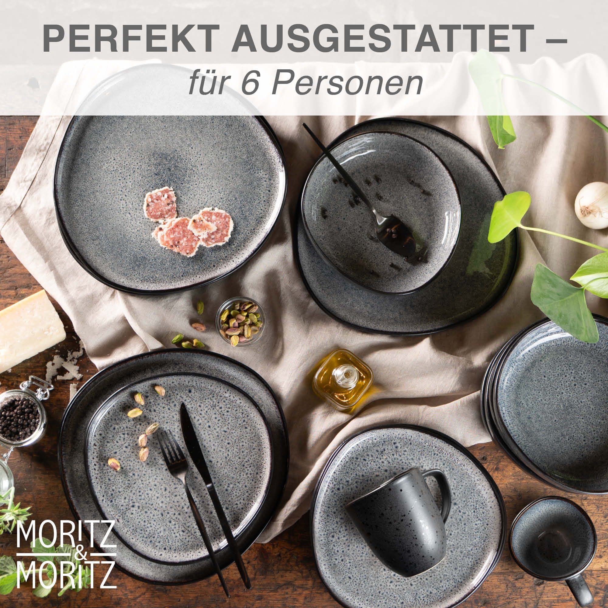 Moritz & Moritz Kombiservice ORGANIC Geschirrset 24tlg Grau (24-tlg), 6 Personen, Steinzeug, Kombigeschirr für 6 Personen