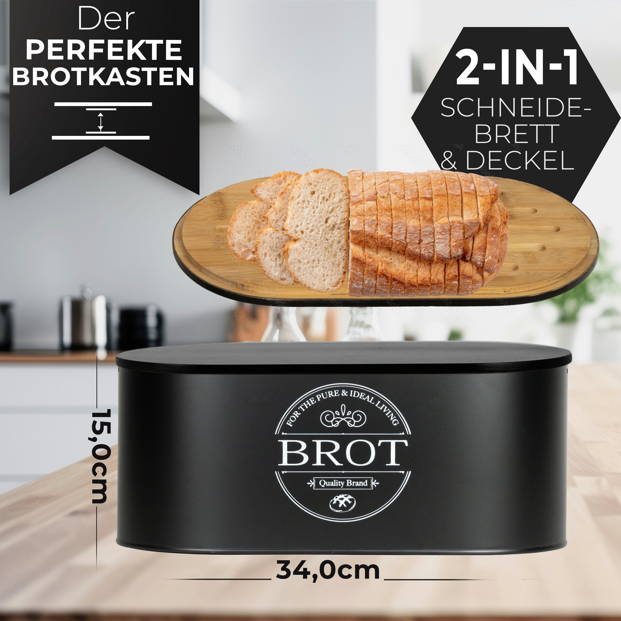 ideale entwickelter Luftzirkulation Premium für & Brotbox Brot 2-in-1 Brotkasten frischhaltende (Brot Aufbewahrung, Brotkästen), IDEALTASTIC Stahl, speziell Länger die Aufbewahrung, Brotkasten