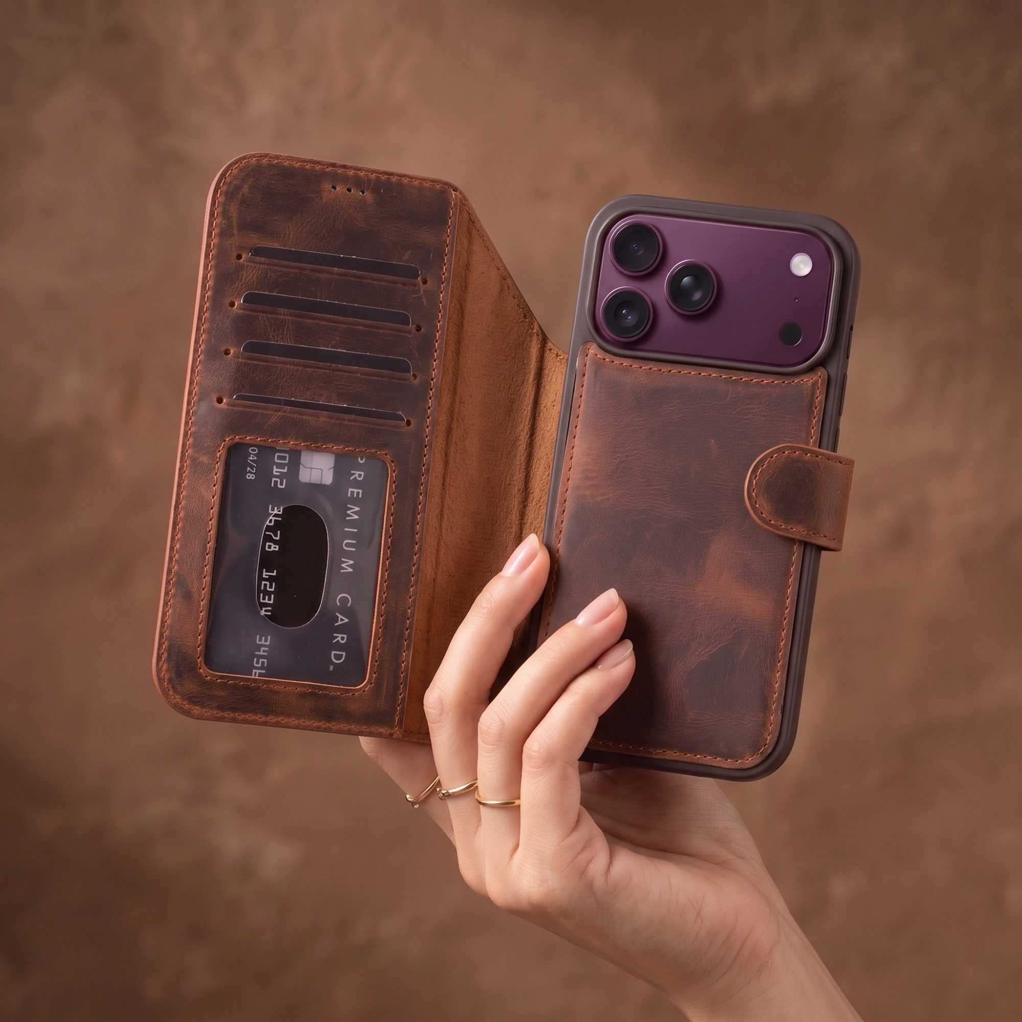 Renna Leather Handyhülle iPhone 18 Lederhülle aus Echtleder mit abnehmbarer Klapphülle MagSafe