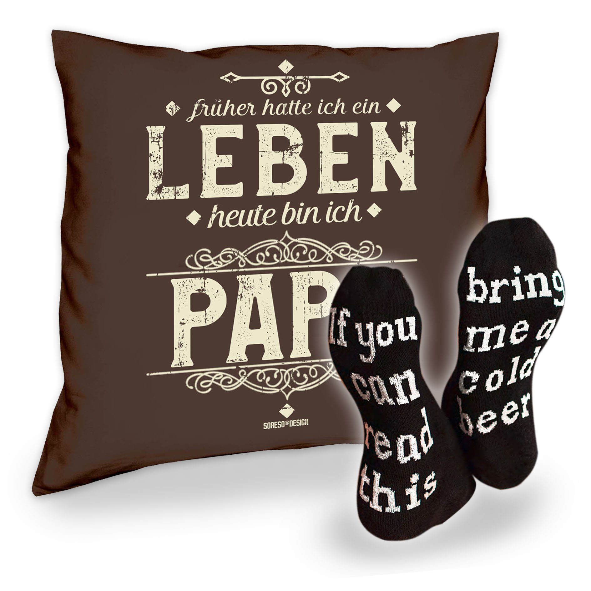 Soreso® Dekokissen Kissen Heute bin ich Papa und Socken mit Bier Spruch, Geschenke Weihnachten Geburtstag Vatertag braun