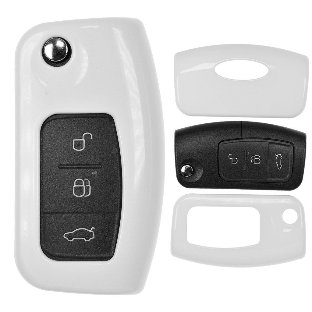 mt-key Schlüsseltasche Autoschlüssel Hardcover Schutzhülle Weiß, für Ford Focus C-Max Fiesta Kuga S-Max Mondeo Klappschlüssel