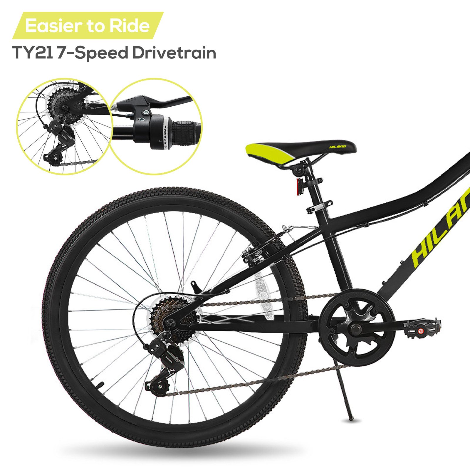 HILAND Mountainbike 24 Zoll Kinderfahrrad ab 6-12 Jahre alt MTB Studenten-Pendlerfahrrad, mit Federgabel 7 Gang, V-Bremse, Hochwertiger Rahmen