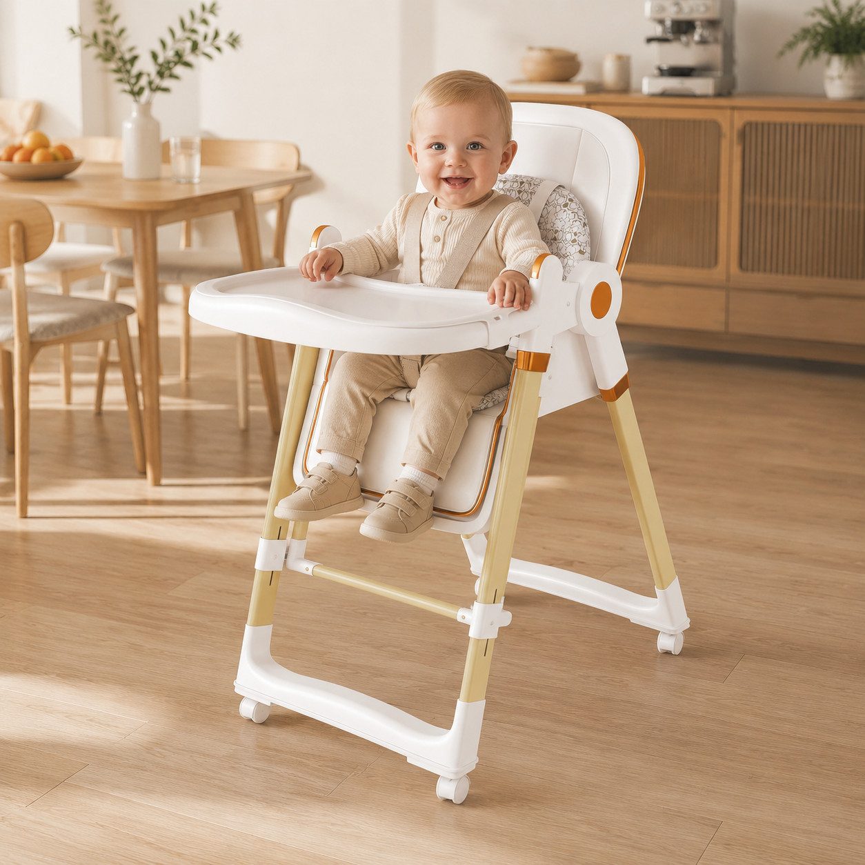 KLAM HOME Kinderklappstuhl 2-in-1 Kinderstuhl mit Wippfunktion, höhenverstellbar & klappbar (Sicherer Kinderstuhl mit 5-Punkt-Gurt & Feststellrädern bis 100kg), Weißer Kinderstuhl mit abnehmbarer Ablage für 6 Monate bis 3 Jahre