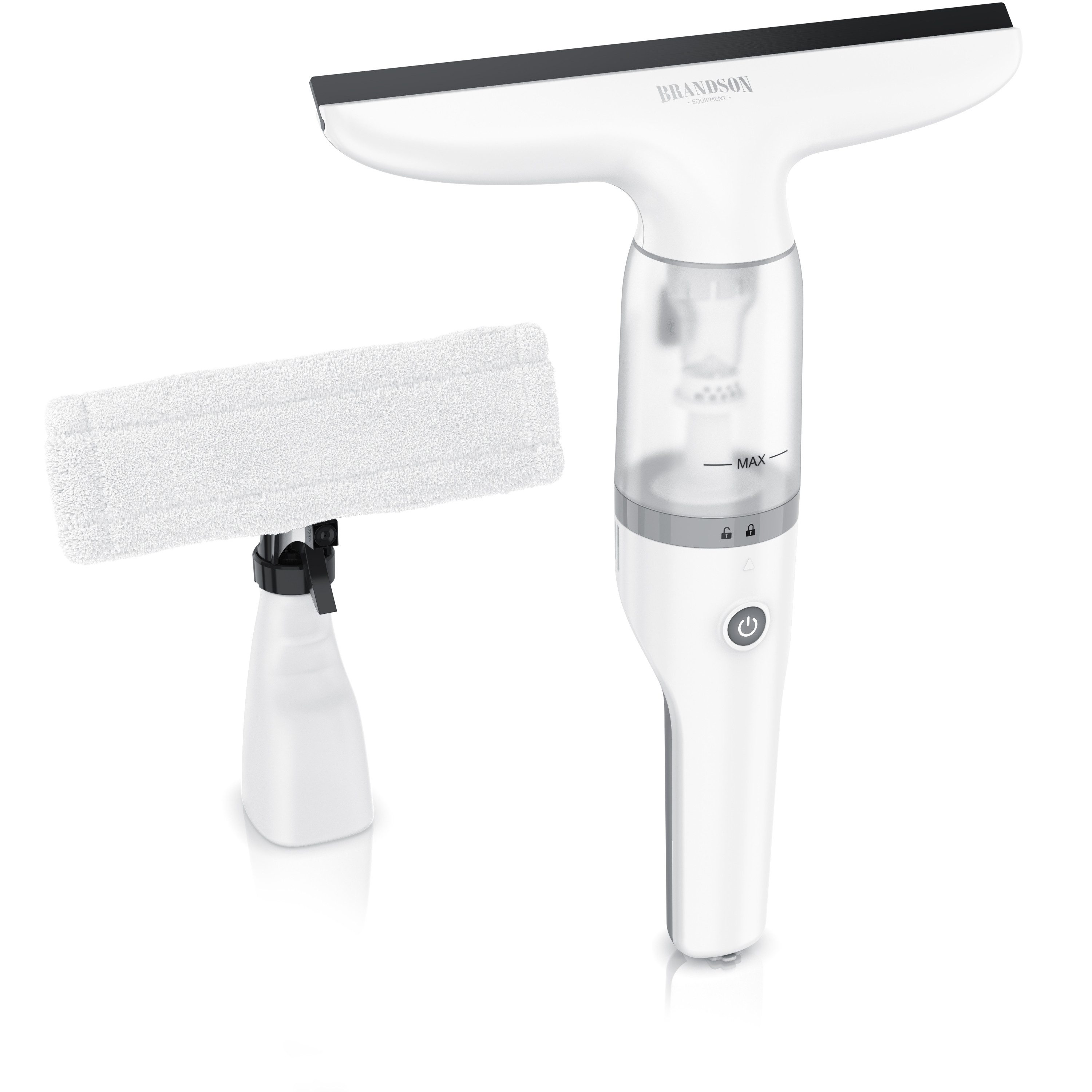 Brandson Akku-Fenstersauger Fensterreiniger inkl. Sprühflasche mit Wischbezug, 28 cm Saugdüse, Laufzeit ca. 30 minuten, für Fenster Duschkabine Spiegel, 2200 mAh