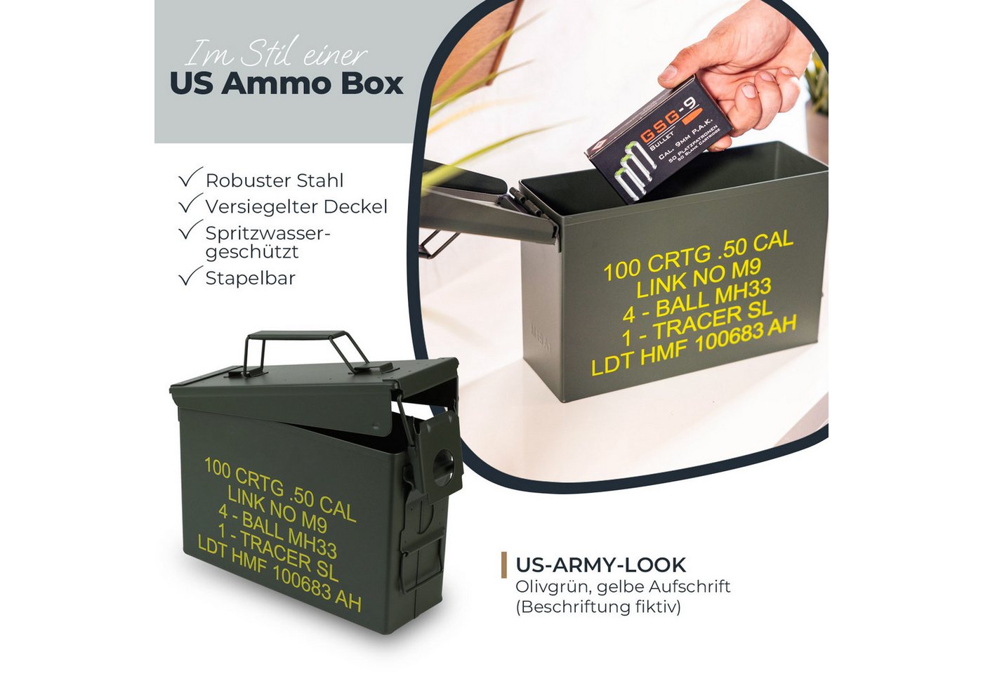 Thumbnail - HMF Aufbewahrungsbox Munitionskiste, US Ammo Box, Metallkiste, 27,5 x 17,5 x 9,5 cm, grün