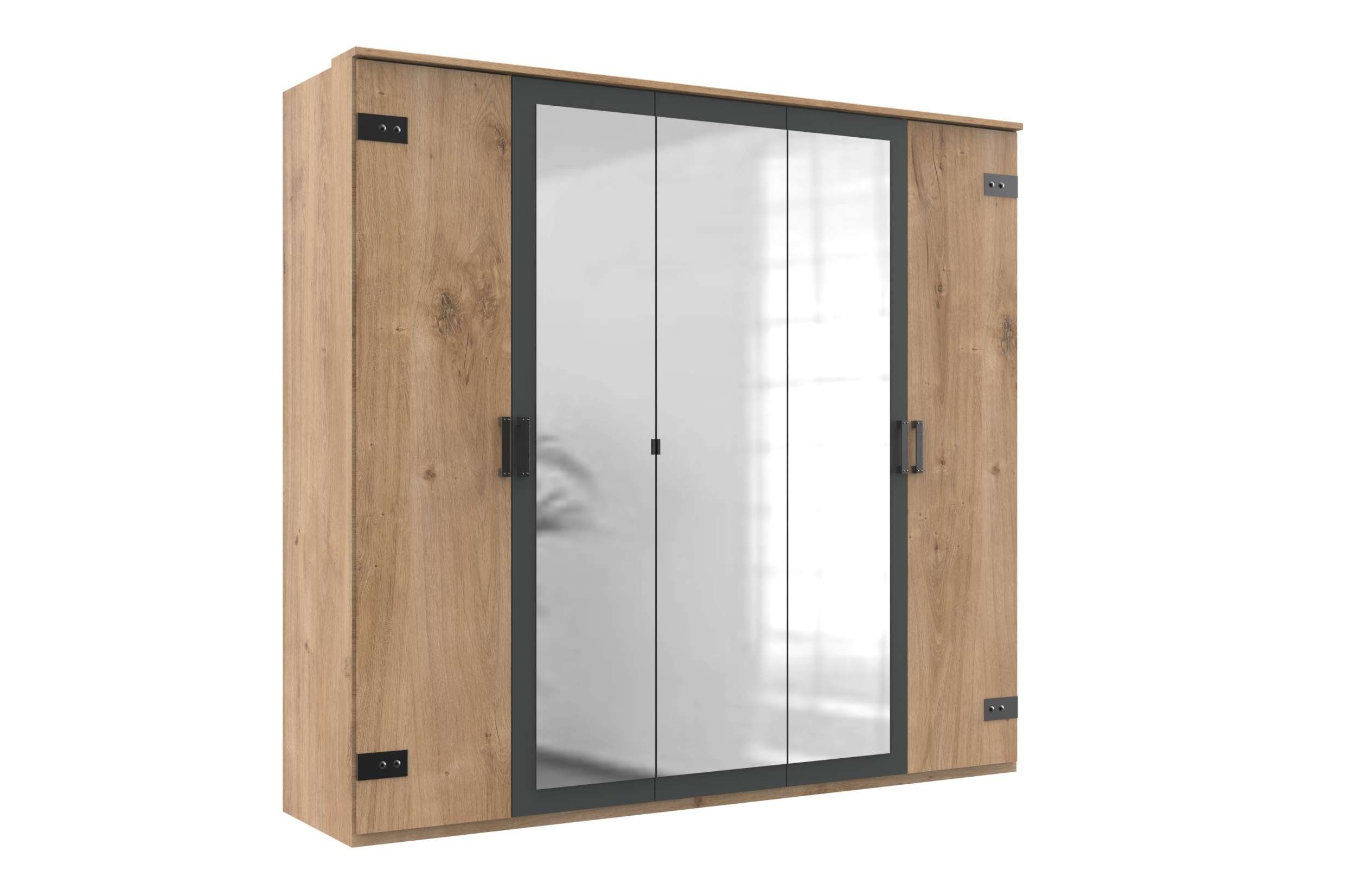 Drehtürenschrank II Spiegel, Holzwerkstoff, viel aus Plankeneiche Design, 5-türig, Graphit variabel Modern Optik - Stylefy Madrid Stauraum, stellbar (Kleiderschrank, Mehrzweckschrank) mit