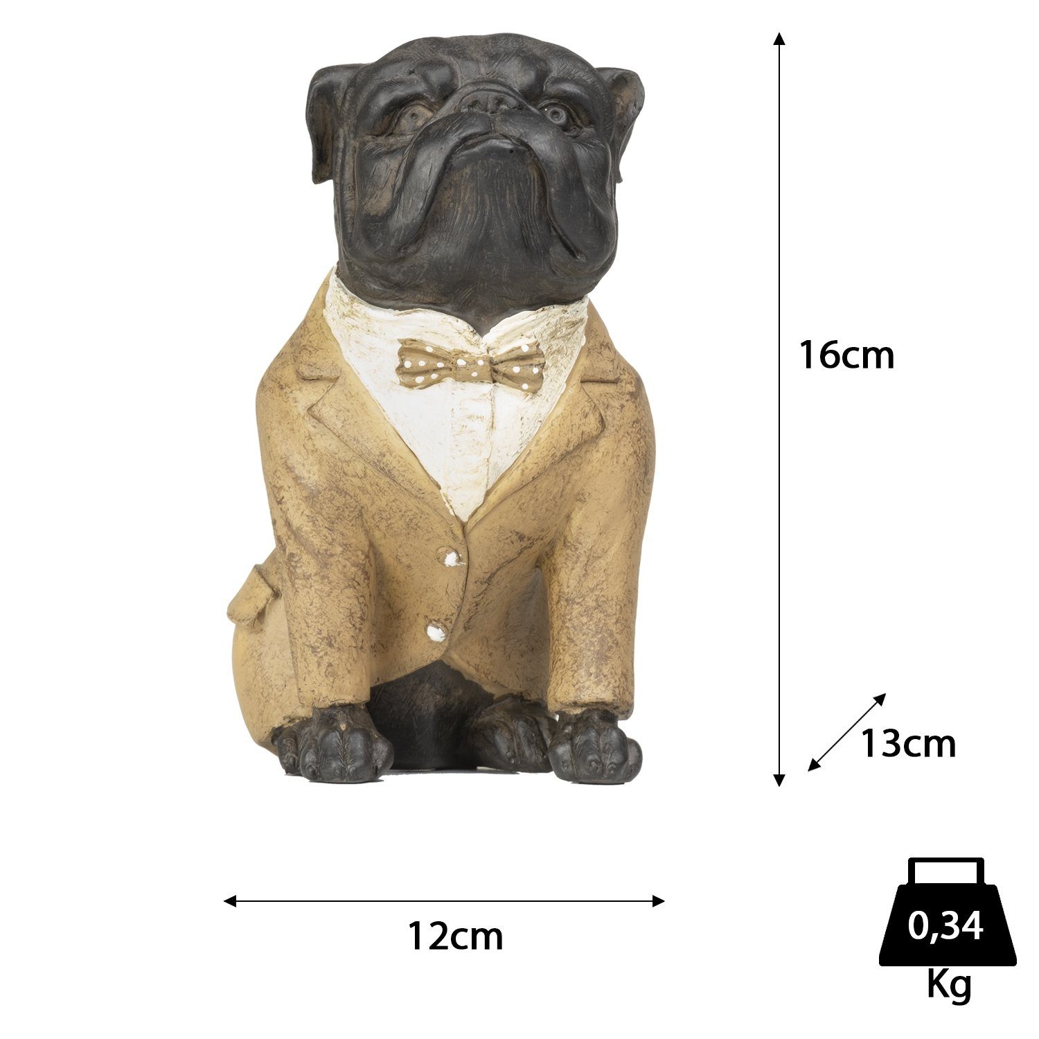aus sitz Mops mit Deko-Figur Polyresin, Dekoelement Polyresin Hund beigen Figuren aus Dekofigur im Dekofigur Dekoration Fliege Anzug Moritz
