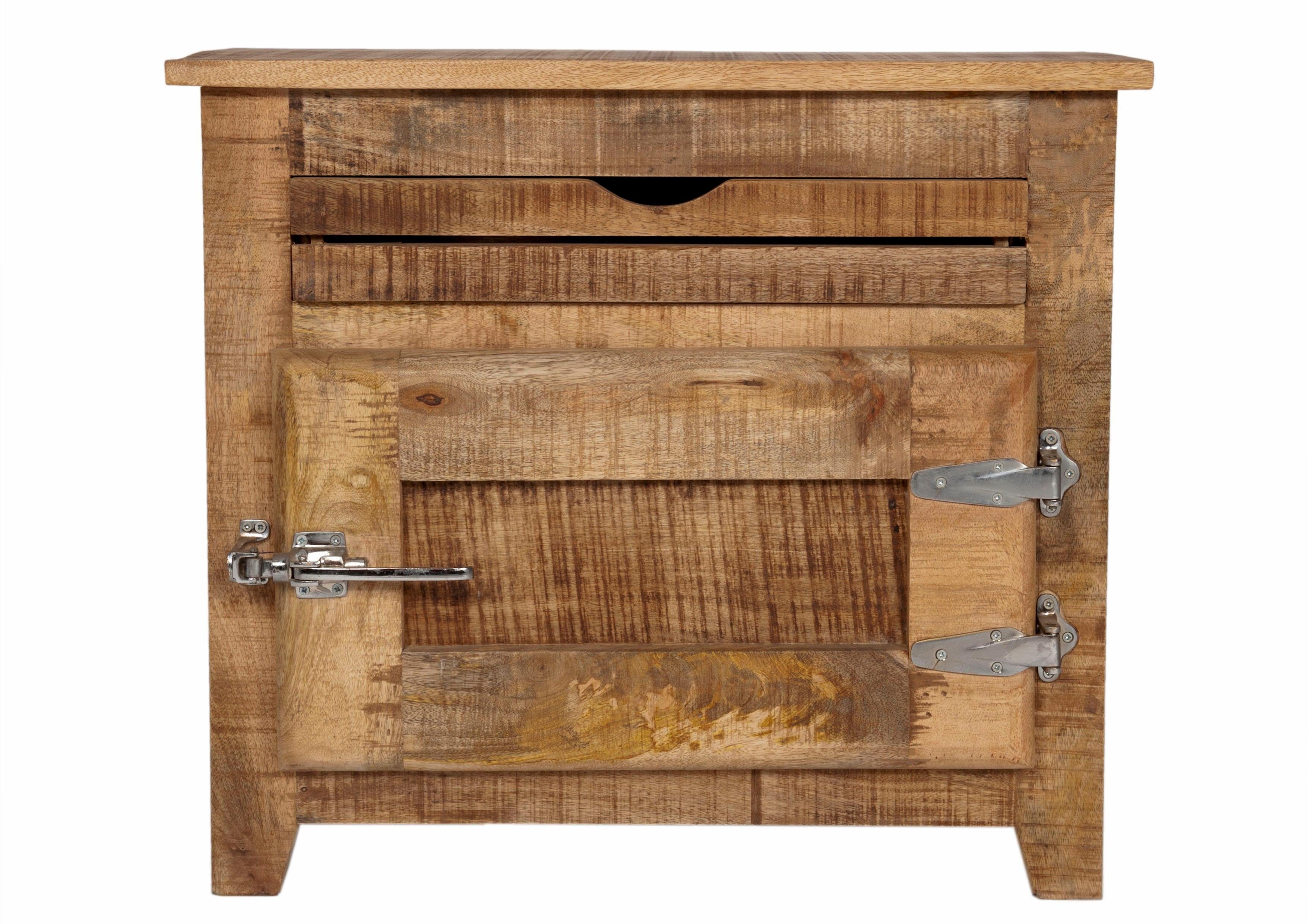 SIT Badkommode FRIGO Mangoholz mit Tür & Schublade im Antik-Look, Rustikales Design mit markanten Kühlschrankgriffen