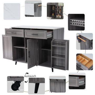 Fangqi Sideboard Sideboard, 3 Türen, 2 Schubladen, mit Handtuchhalter,5 Rollen (Restaurant, Gaststätte, Wirtshaus, L129x W76x H91.5cm), Die Tischplatte ist erweiterbar und die Regalhöhe ist verstellbar