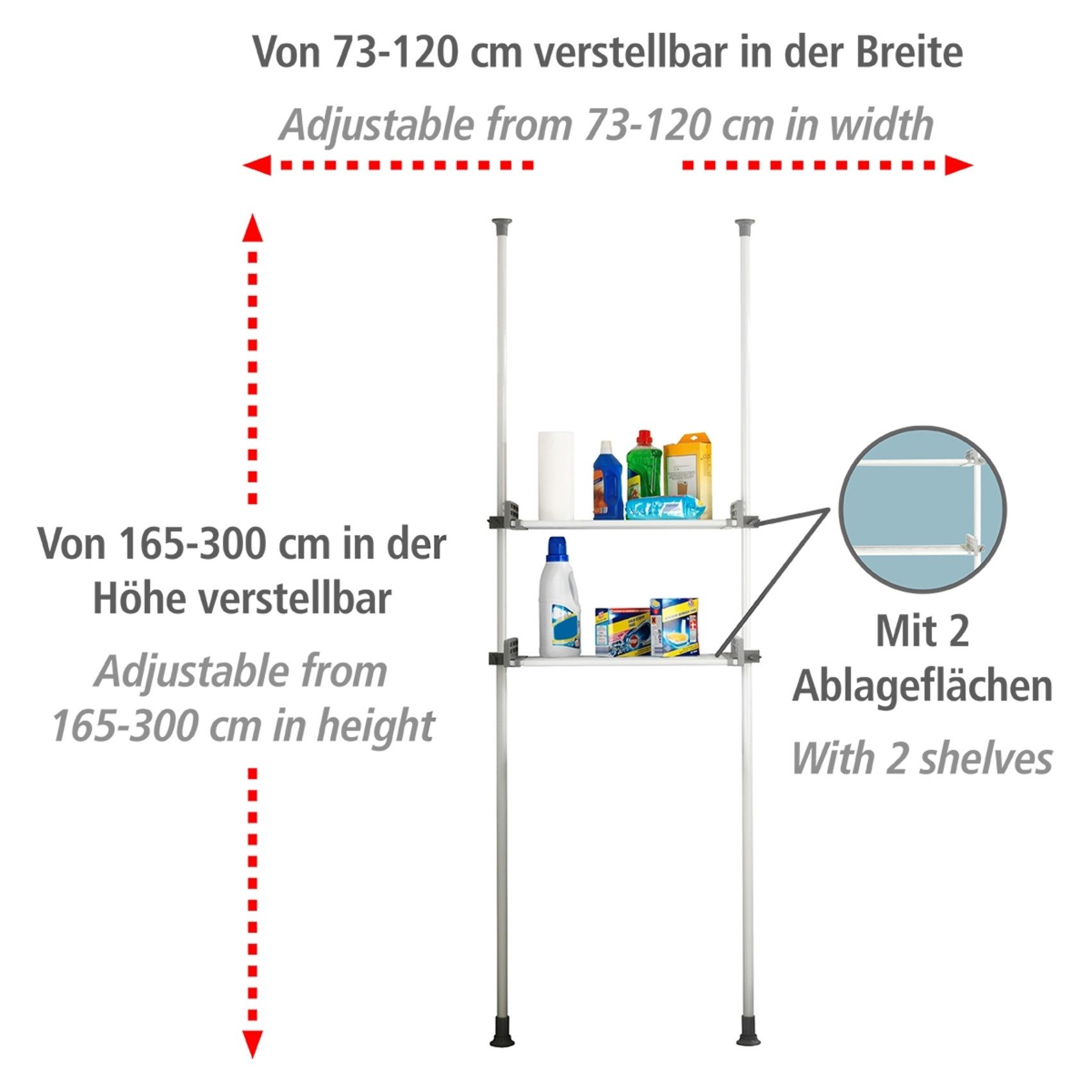 WENKO Teleskopregal Modell Herkules Twin, Set, 2 Trägerstangen, 2 verstellbare Ablagen, ideal für Bad & Abstellkammer – Bild 3 von 5