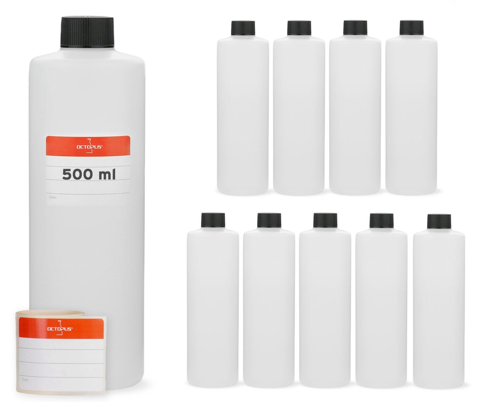 OCTOPUS Kanister 10x 500 ml Rundflaschen HDPE, G25, schwarze Schraubverschlüsse (10 St)