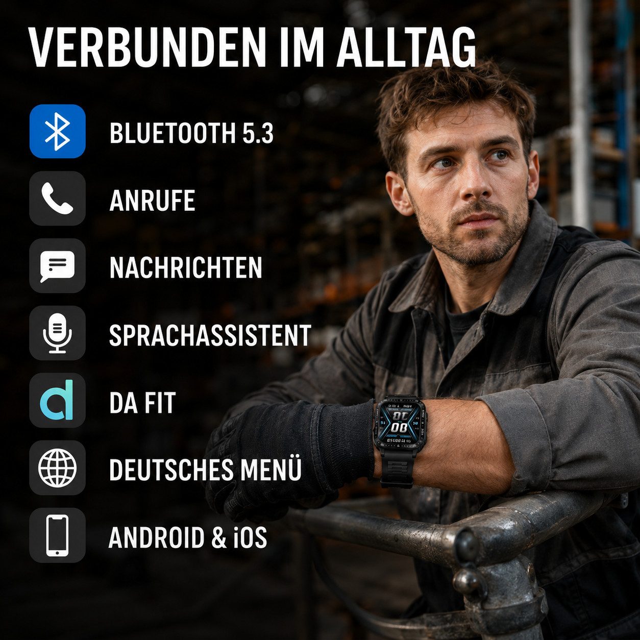 Toomoke Outdoor Smartwatch Herren 1,96 Zoll mit LED Taschenlampe Smartwatch (4,98 cm/1,96 Zoll) Militär Design, Bluetooth Telefon, 3ATM Wasserdicht, Smartwatch mit Silikonarmband, Edelstahlarmband und magnetischem Ladekabel, StoßfestStaubdicht