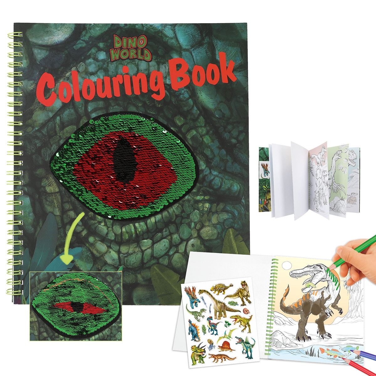 Depesche Malvorlage Dino World Dinosaurier Malbuch mit Pailletten Buch Ausmalbuch, inkl. Sticker