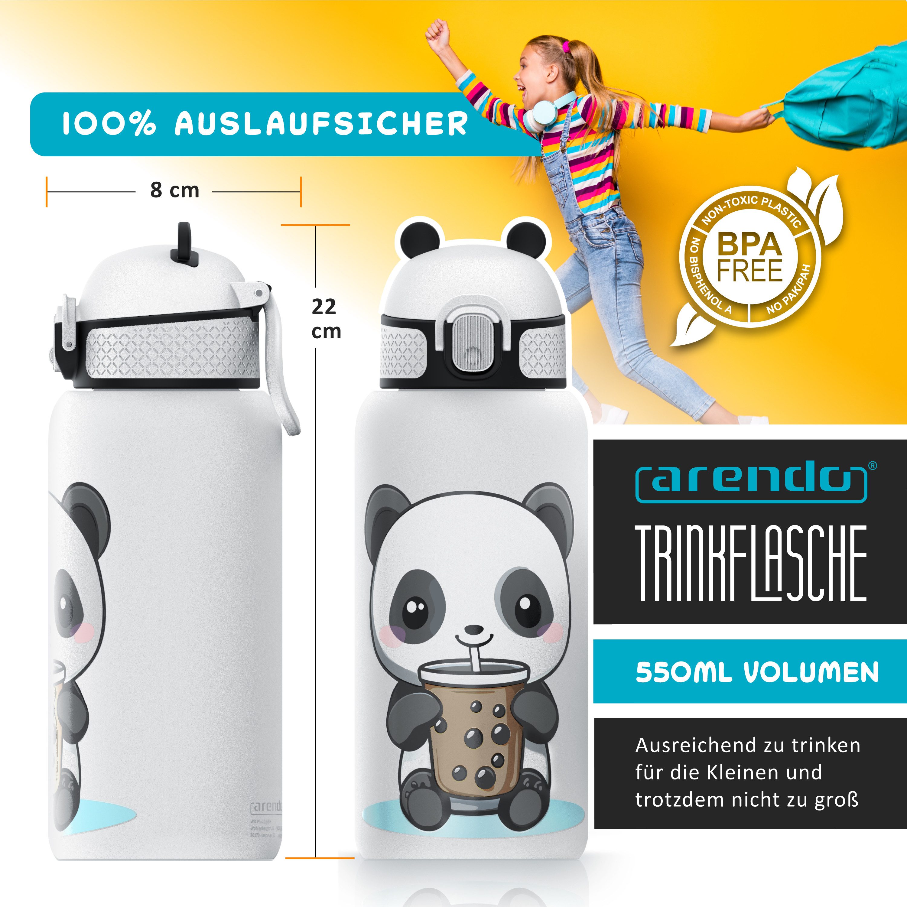 Arendo Thermobecher für Kinder, Becher mit Deckel & Strohhalm Trinkhalm, Edelstahl, 1-tlg., Edelstahl (Becher), Silikon (Trinkhalm), Kunststoff (Deckel), 550 ml, doppelwandig, auslaufsicher, Klickverschluss, Tragegriff