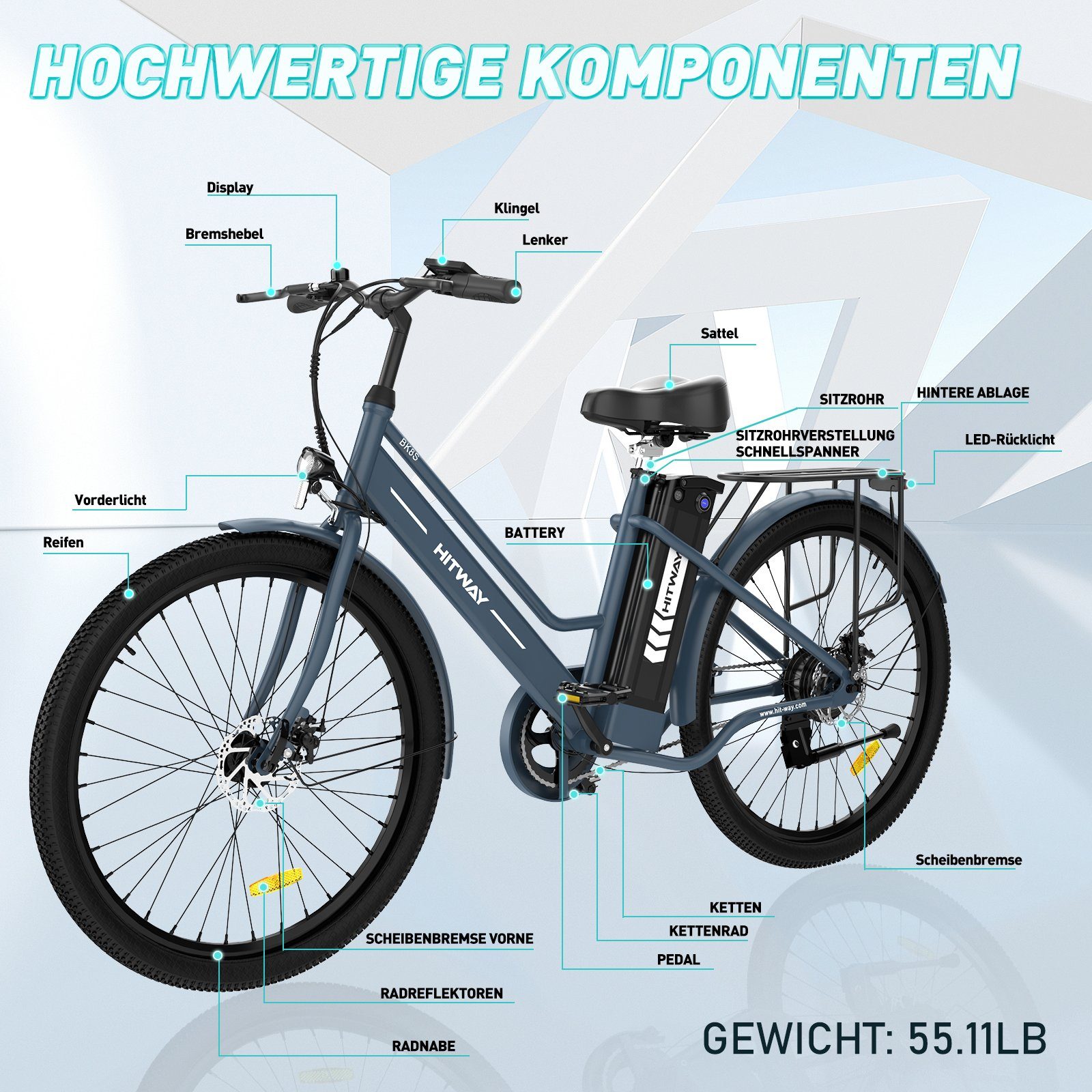 Damen 36V E-Fahrrad Batterieladegerät/ Heckmotor, 25km/h,35-70KM, E-Bike Pumpe/Fahrradschloss 26 Herren 8.4AH HITWAY Zoll für blau-StvZO