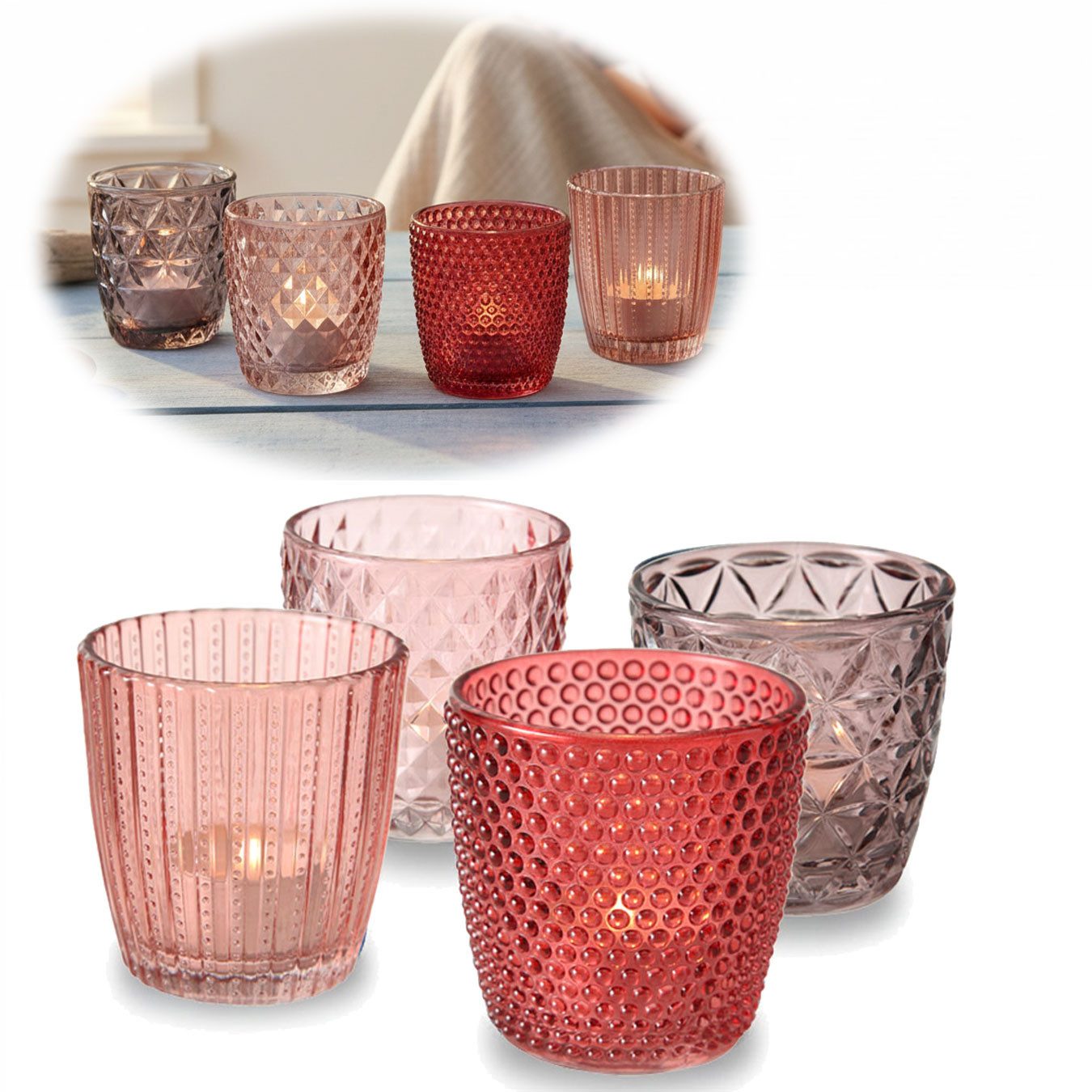 LS-LebenStil Teelichthalter 4´er Set Teelichtgläser Retro Rosa Rose 7cm Glas Windlicht (4´er Set Kristall Ornament Windlicht für Teelichter, 4 St., Halter Kerzenständer Tischdeko Kerzenhalter Gläser für Teelichter), 7x7cm, 4´er Set Kristall Ornament Windlicht für Teelichter