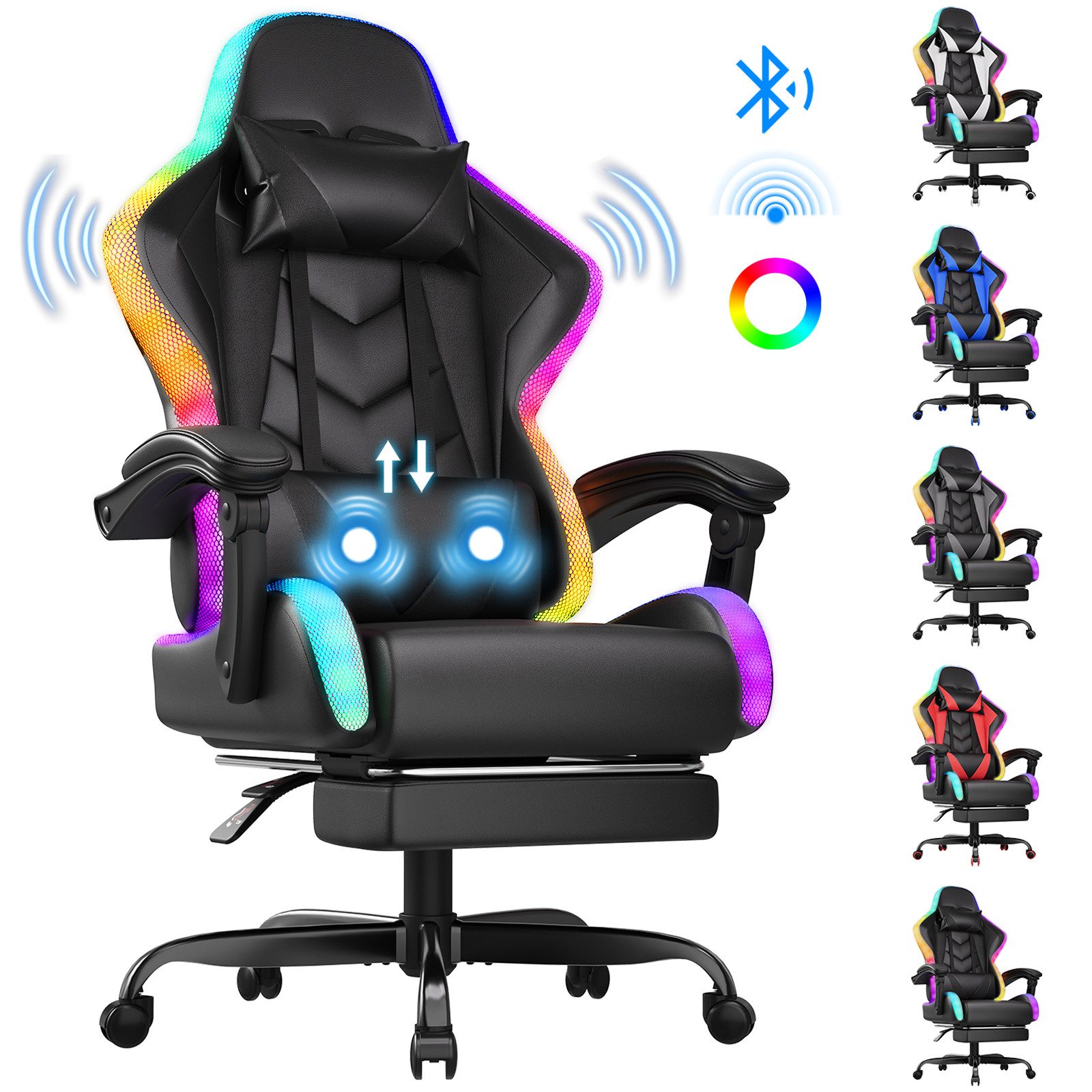 HOMALL Gaming-Stuhl mit LED,Ergonomisch,Fußstütze,computerstuhl,gaming stuhl mit massage (Die LED-Beleuchtung ist einstellbar, das Massagekissen für den Rücken ist beweglich), Ergonomischer Bürostuhl,Kopfstütze und Lendenstütze