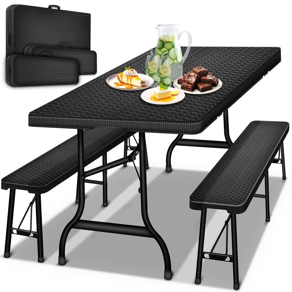 tillvex Bierzeltgarnitur klappbar 3-teilig Set Rattan Gartengarnitur  wetterfest 180 cm, (Gartenmöbel Set Indoor & Outdoor mit Gartentisch und  Bänken, Festzeltgarnitur)