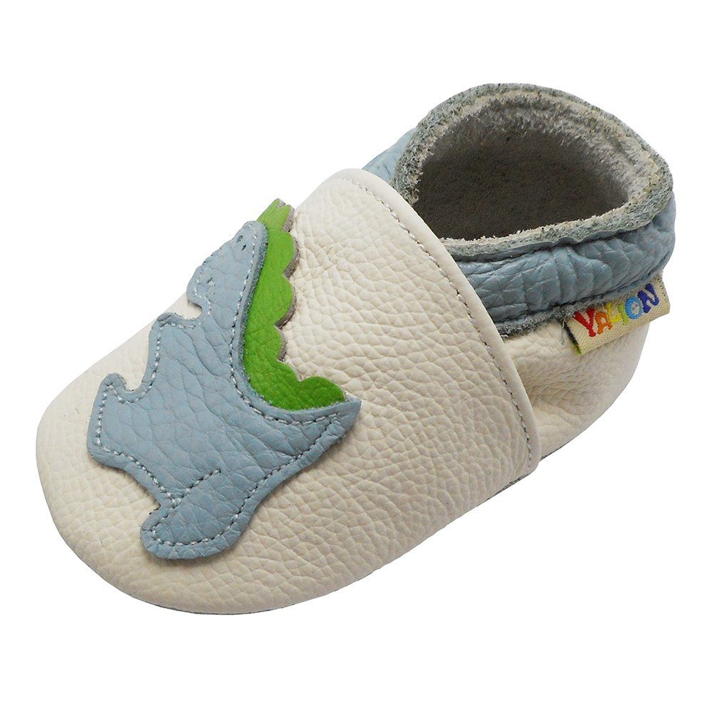 Yalion Yalion Weiche Leder Lauflernschuhe Hausschuhe Lederpuschen Dino Weiß Krabbelschuh