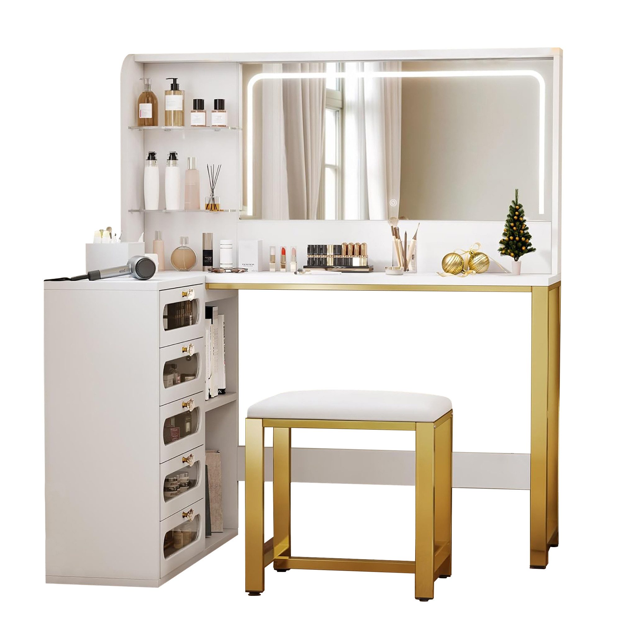 PXloue Schminktisch L-Typ Frisiertisch set mit LED-Beleuchtung Spiegel (Stauraum, modern (120 x 80 x 135 cm), Mit 5 Schubladen, Drei einstellbare LED-Leuchten