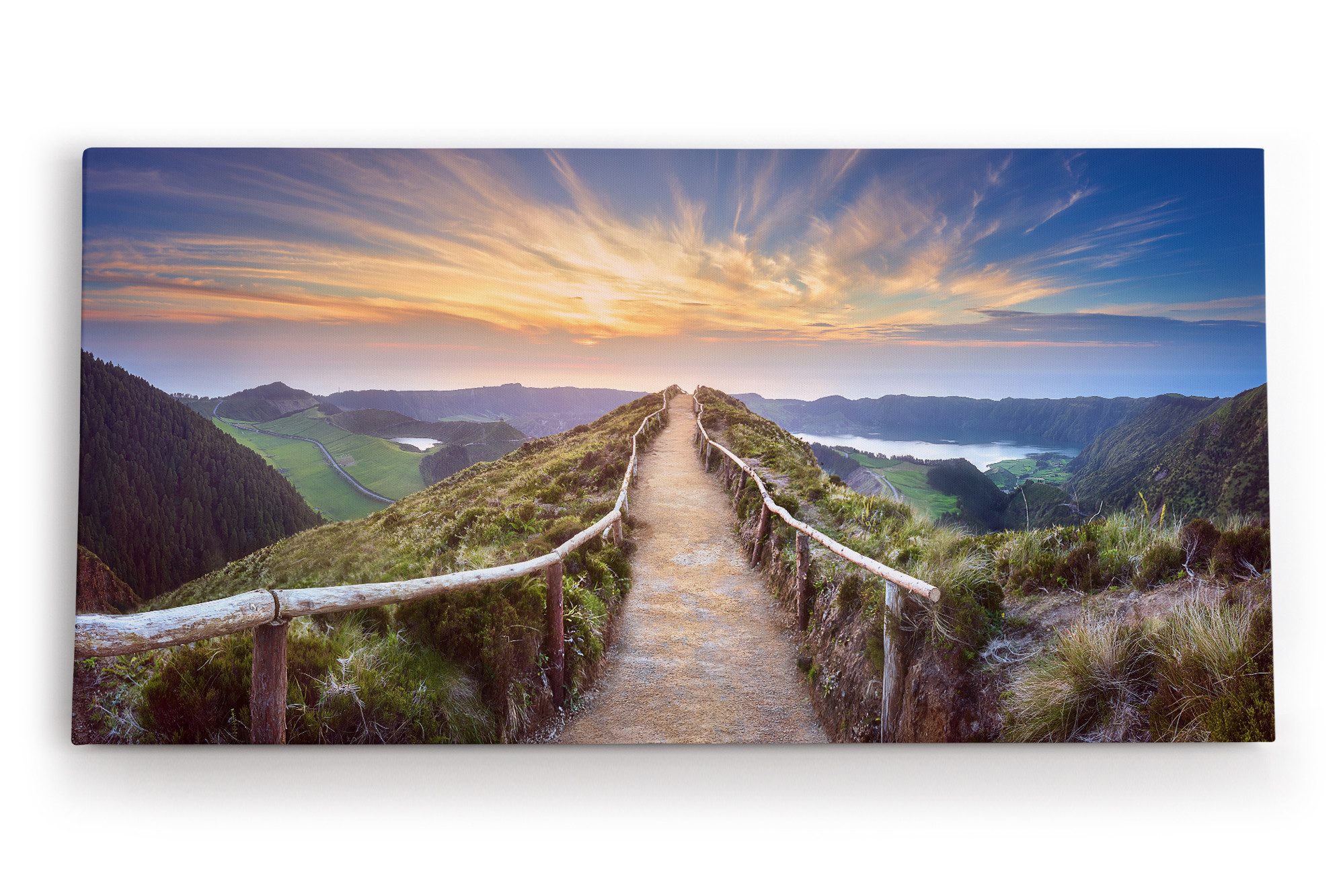 Leinwandbild Ponta Delgada Azoren Portugal Berge Bergweg Sonnenuntergang