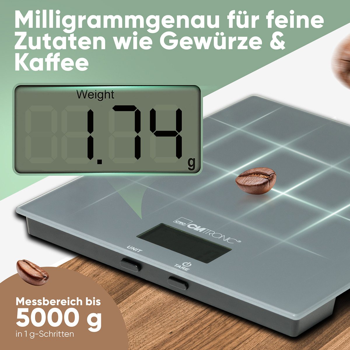 CLATRONIC Küchenwaage KW 3820, Küchenwaage, 1g Schritte, Zuwiegefunktion