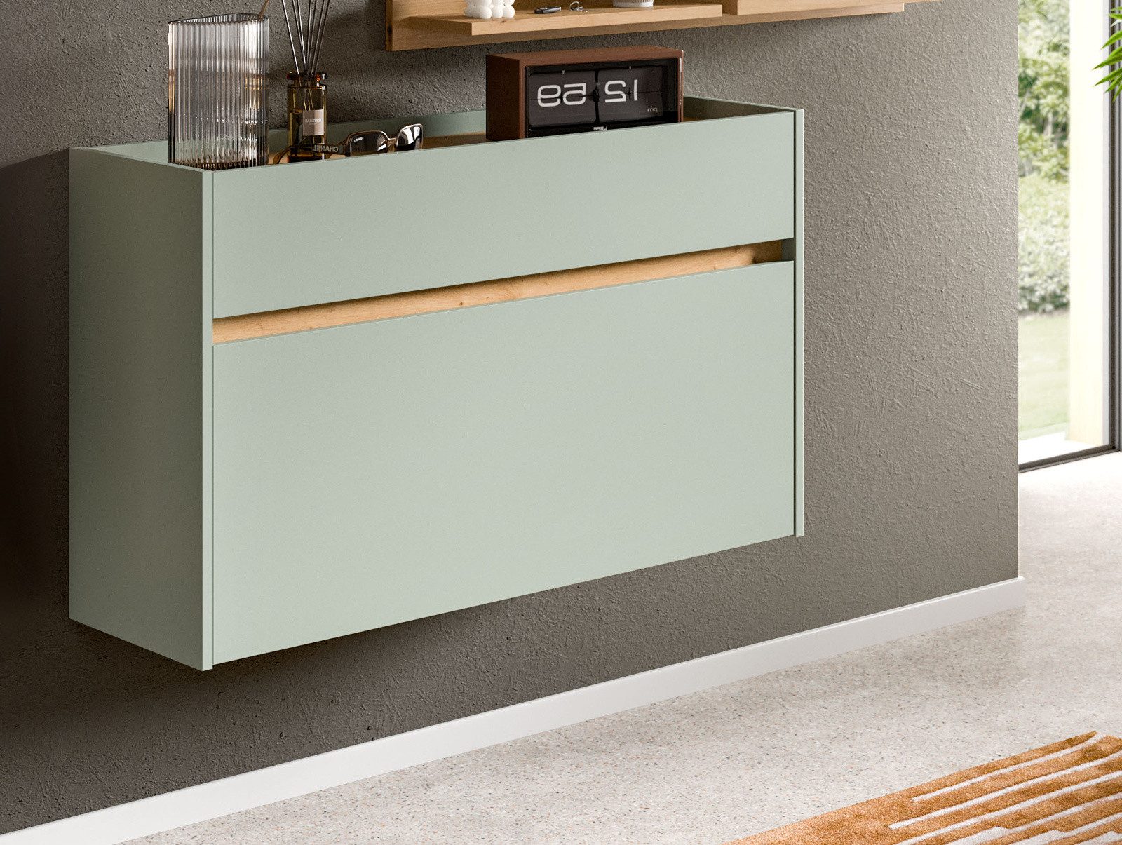 Inn.Furn Schuhkipper Borga (Flurkommode in Salbei Grün mit Eiche Artisan, Hängeschrank, 110 x 61 cm), als Hängeschrank, mit Schubkasten