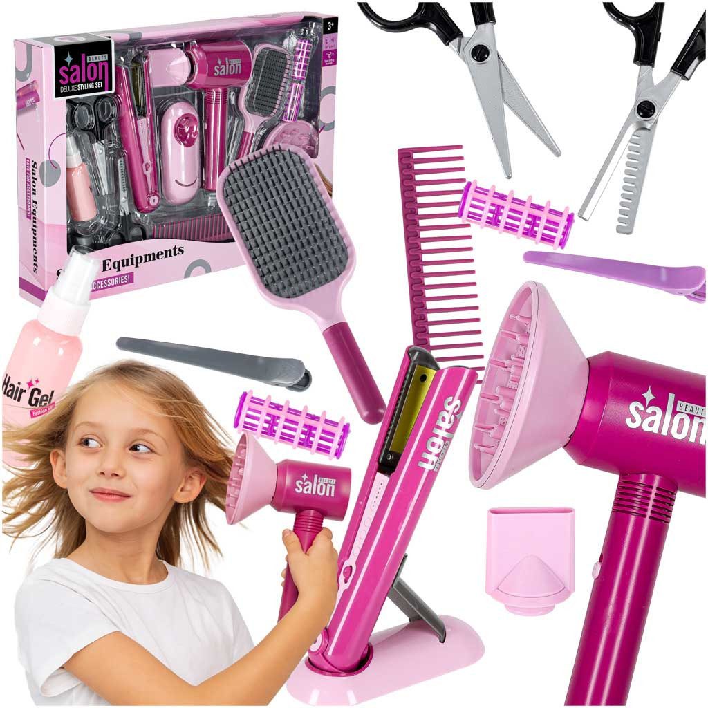 Ikonka Spielzeug-Frisierkoffer Kinder Frisör-Set Haartrockner Glätteisen Licht & Sound 15 Teile, (Komplettes Styling-Spielzeug für Kinder inkl. Zubehör, Bürste, Scheren, 15-teiliges Kinder-Frisör-Set mit Haartrockner, Glätteisen), Licht- & Soundeffekte, interaktives Styling, 15 Teile, Rollenspiel
