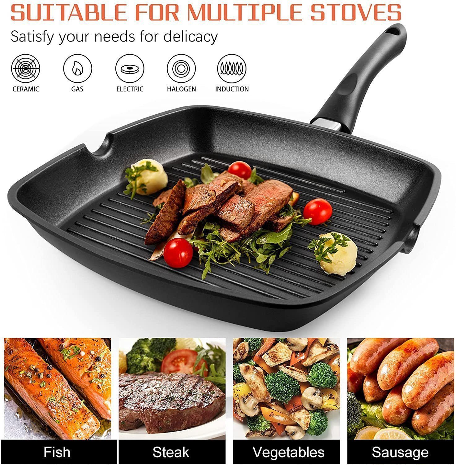 SunJas Grillpfanne 2er set 28 x 28cm Steakpfanne mit Griff und Antihaftbeschichtet, Aluminium (2-tlg), Für alle Herdarten inklusive Induktionsherd