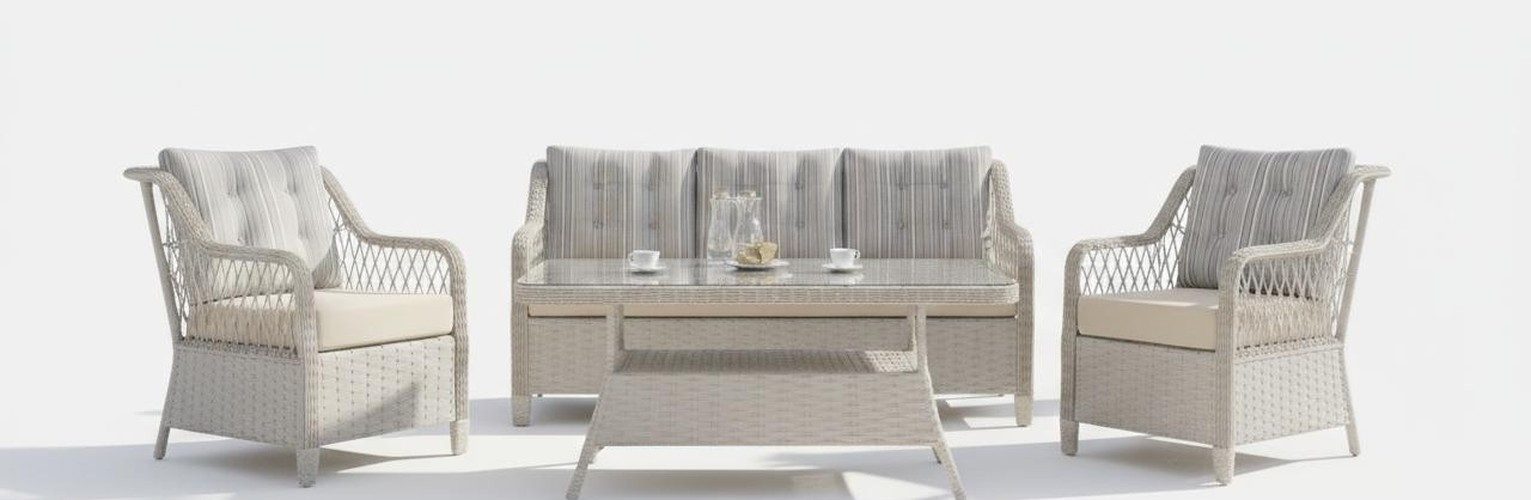 Xlmoebel Gartenlounge-Set Terrassenset mit Sofa, Sesseln und Tisch aus Metall und Glas, (Gartenlounge-Set, 3-tlg., Terrassenset mit Sofa, Sesseln und Tisch), Made in Europa