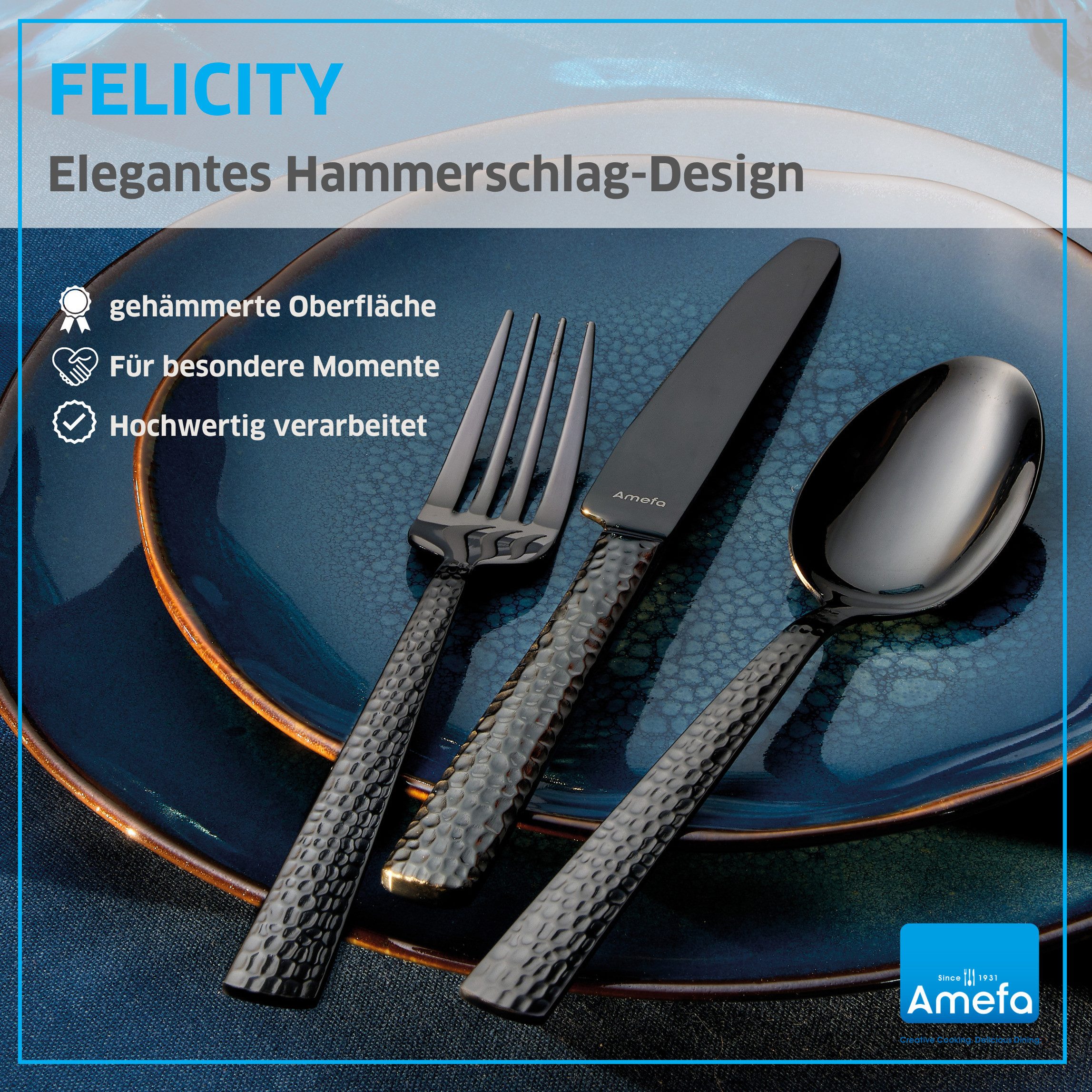 Amefa Besteck-Set FELICITY (30-tlg), 6 Personen, Edelstahl Rostfrei 18/0, Handreinigung empfohlen, schwarzfarbender PVD Veredelung, gehämmert