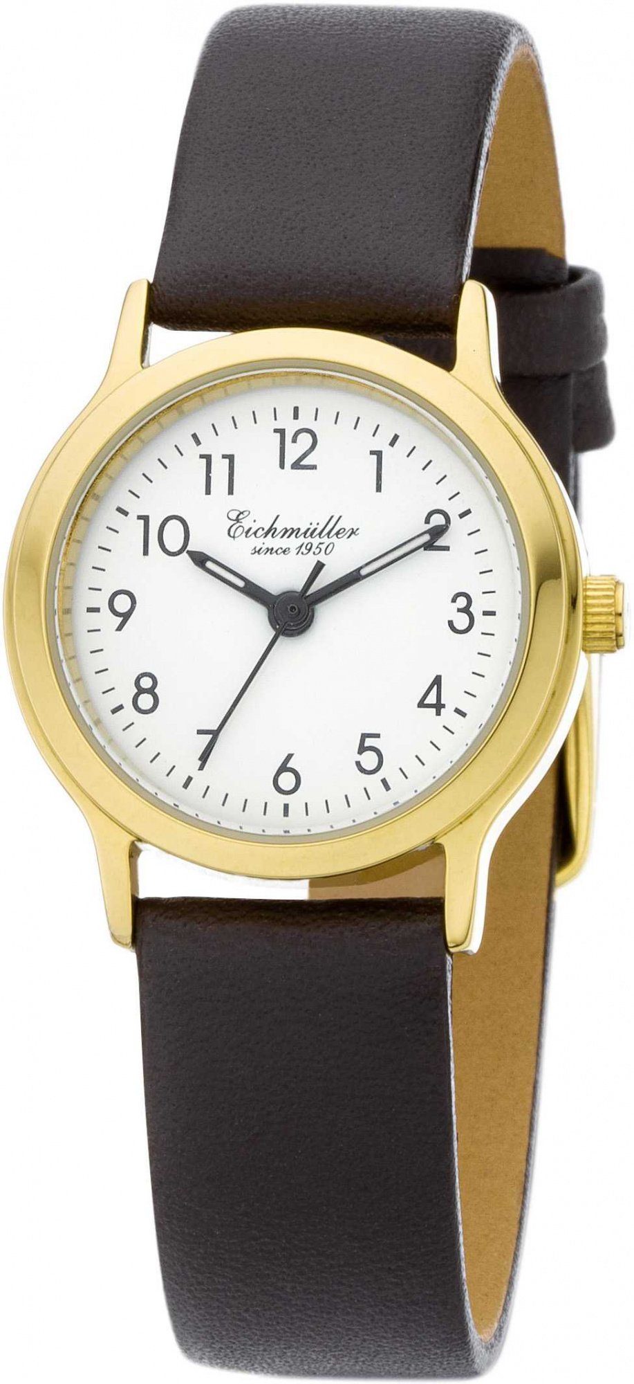 Eichmüller Quarzuhr Damenuhr – Goldfarbene Armbanduhr 3055-03, Zifferblatt weiss und braunes Lederband, 26 mm