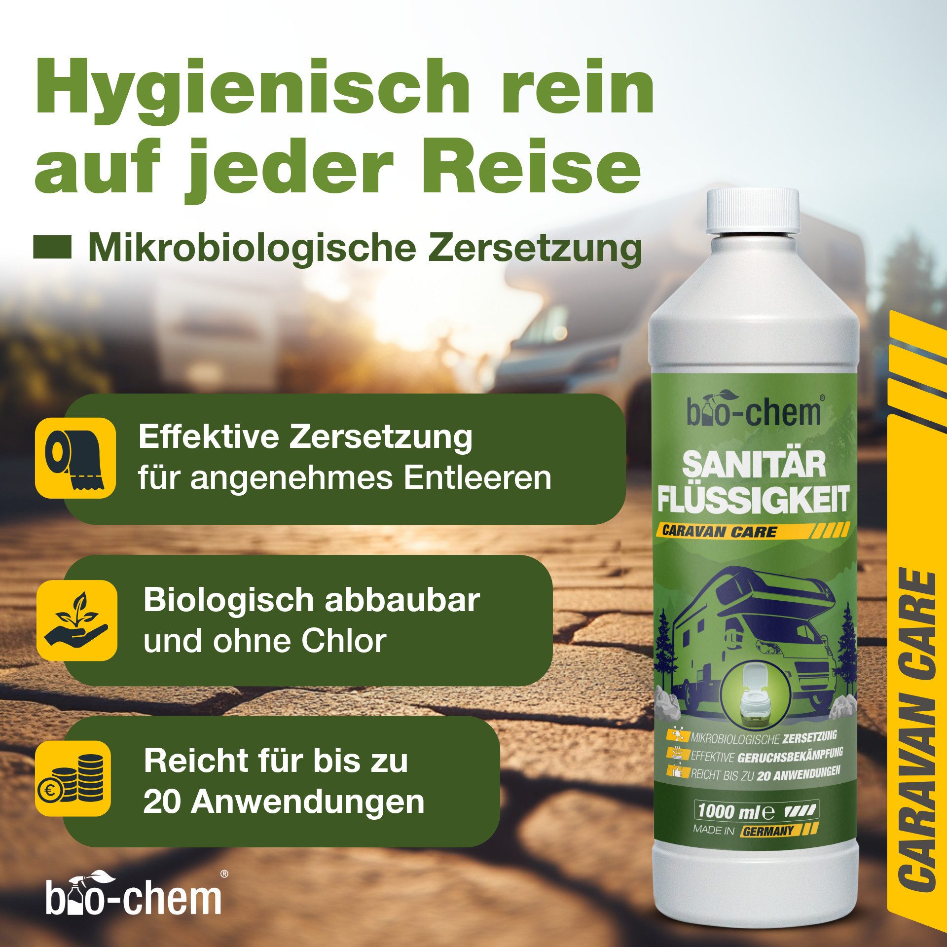 bio-chem bio-chem Sanitärflüssigkeit 1L – Mikrobiologischer Toilettenzusatz Campingtoilettenreiniger (Sanitärflüssigkeit 1 L + Dosierbecher)