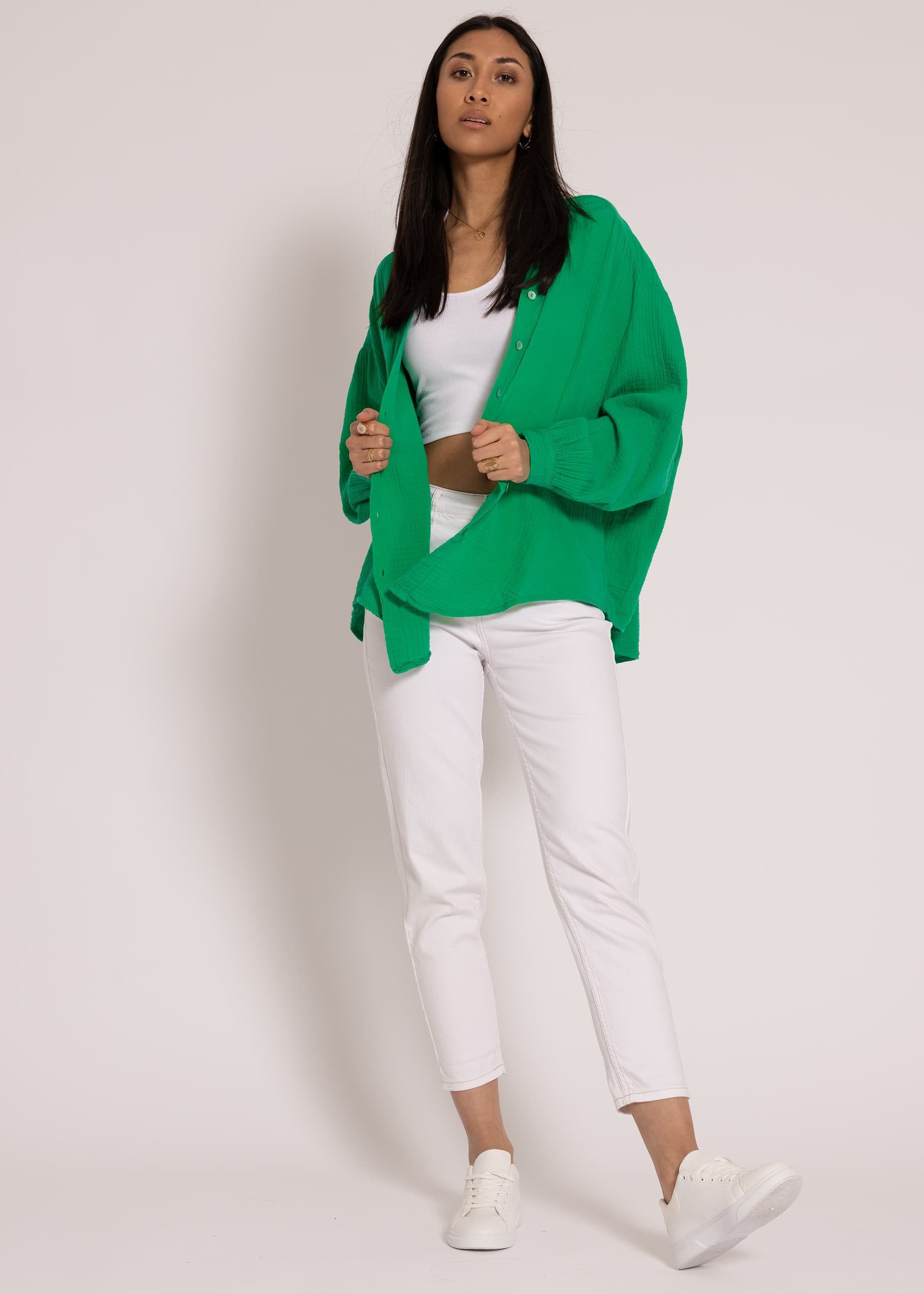 36-48) Langarm Musselin Size Oversize Longbluse Bluse V-Ausschnitt, aus Frühlingsgrün lang SASSYCLASSY Hemdbluse One Damen Baumwolle (Gr. mit