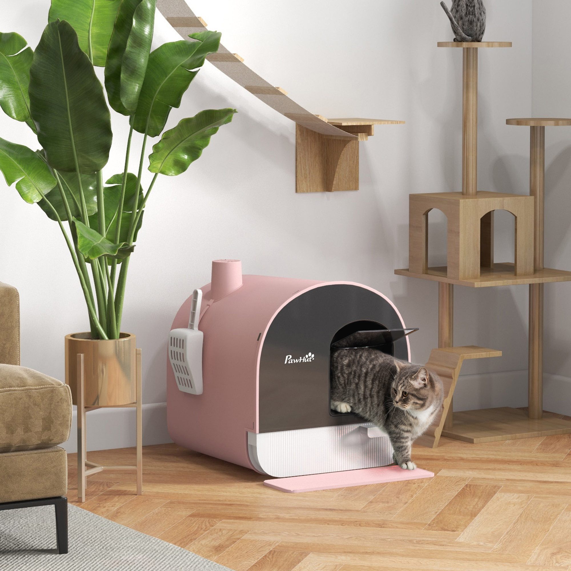 PawHut Katzentoilette Katzenklo mit Deckel Schaufel Geruchskontrolle einfache Reinigung, Kunststoff, Rosa, 43 x 44 x 47 cm