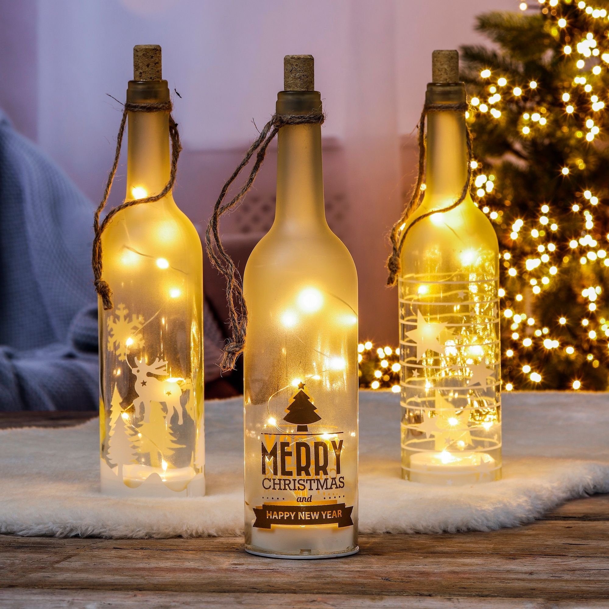 Flaschenlicht Weihnachten Drei LED-Lichterkette Set Glasflaschen Weinflaschen Lichterkette LED GartenHero
