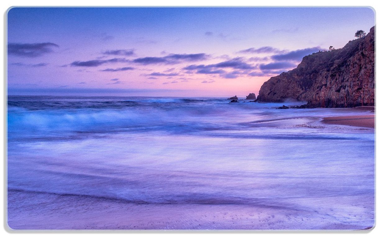 Wallario Frühstücksbrett Kalifornischer Strand am Abend mit Felsenküste, ESG-Sicherheitsglas, (inkl. rutschfester Gummifüße 4mm, 1-St), 14x23cm