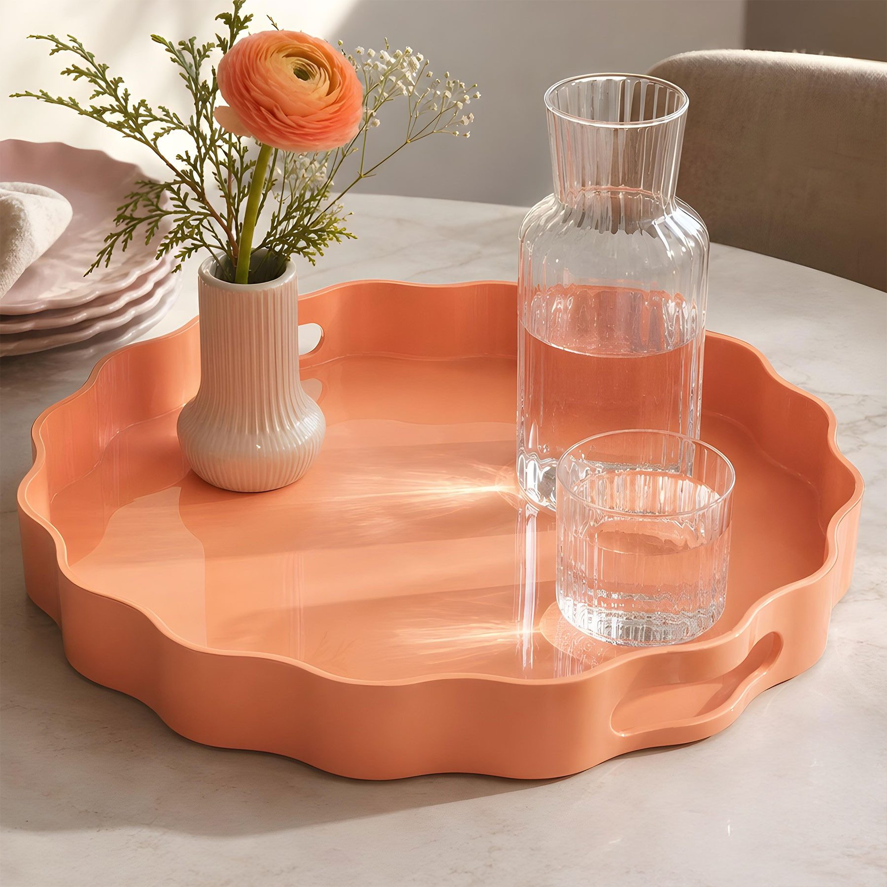 Levandeo® Dekoteller, Deko Tablett mit Griffen Gewellt Kunststoff Pastell Apricot 33cm Rund