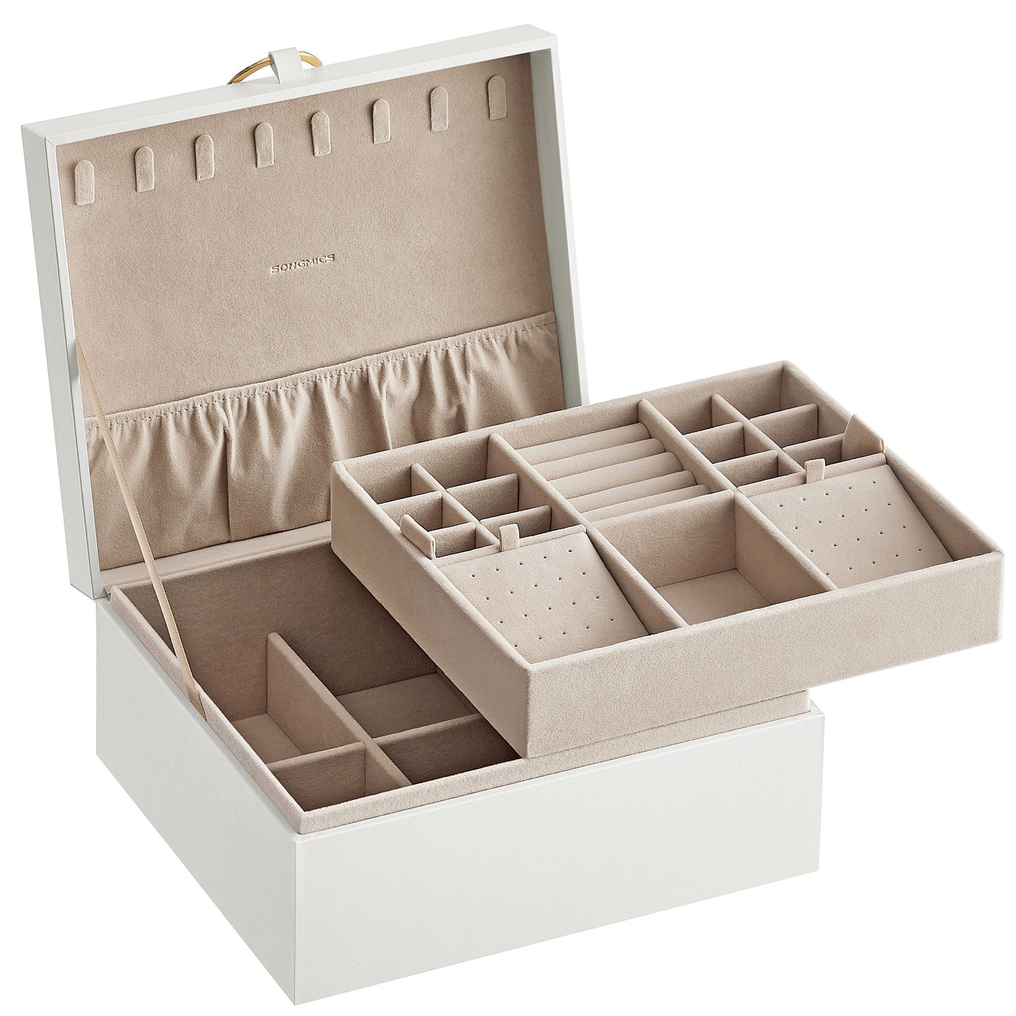 SONGMICS Schmuckkasten Schmuckbox Schmuckaufbewahrung, 2 Ebenen, mit Griff, flexibles Schmucktablett