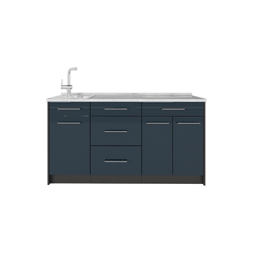 Vicco Küchenzeile Fame-Line, Dunkelblau Hochglanz, 150 cm, AP Marmor