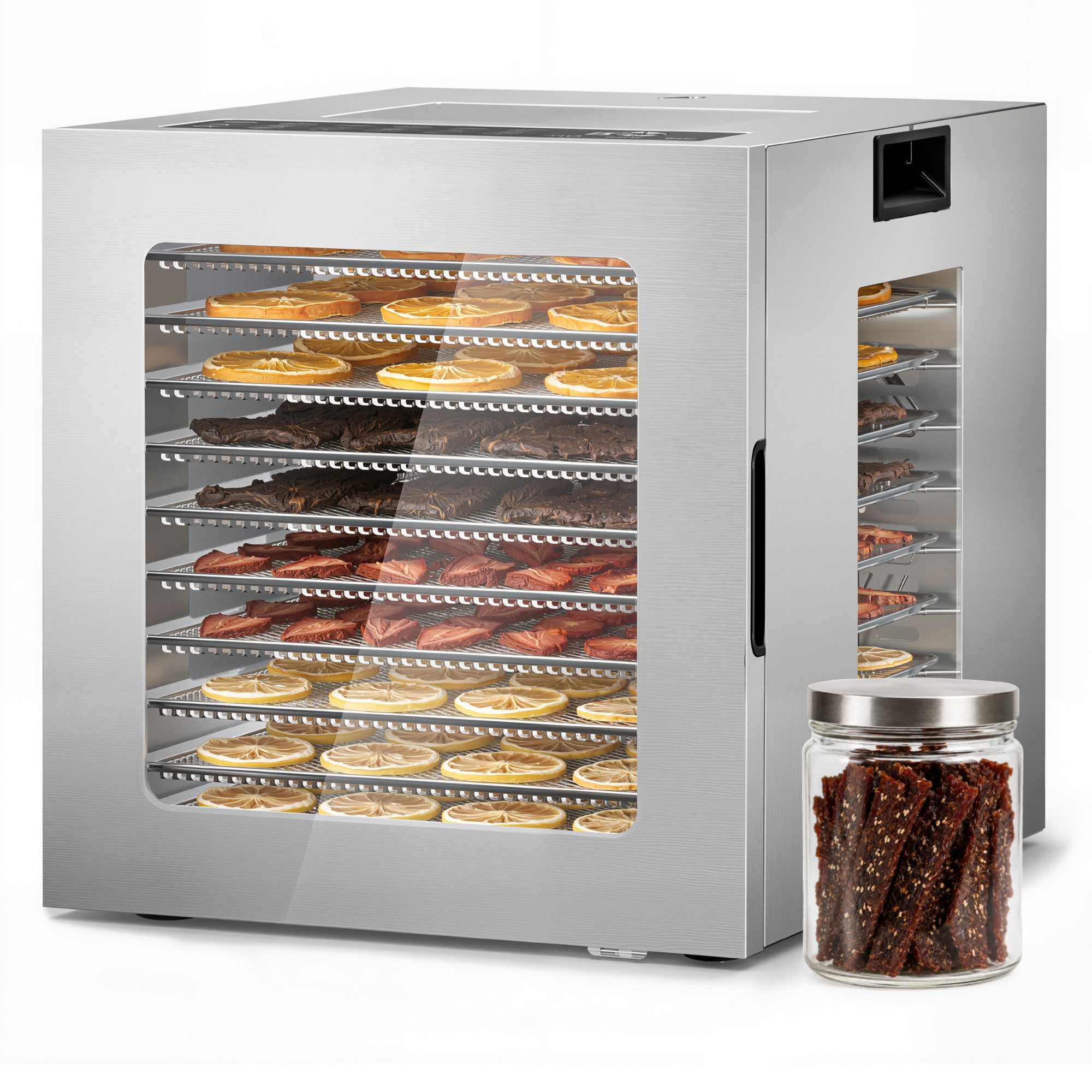 Furnicopia Dörrautomat Edelstahl Lebensmitteltrockner – 10 Tabletts, 48h, 850W 850 W, 10 Etagen, 360°-Umluft, 24-h-Warmhalten, für Obst, Jerky u. a., inkl. Rezeptbuch