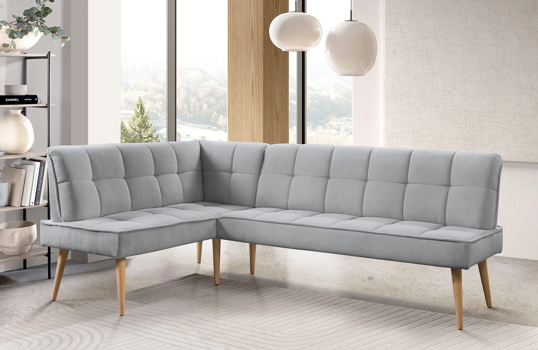 exxpo - sofa fashion Eckbank Latte, moderne Sitz- und Rückensteppung, bequem und elegant, hoher Holzfuß