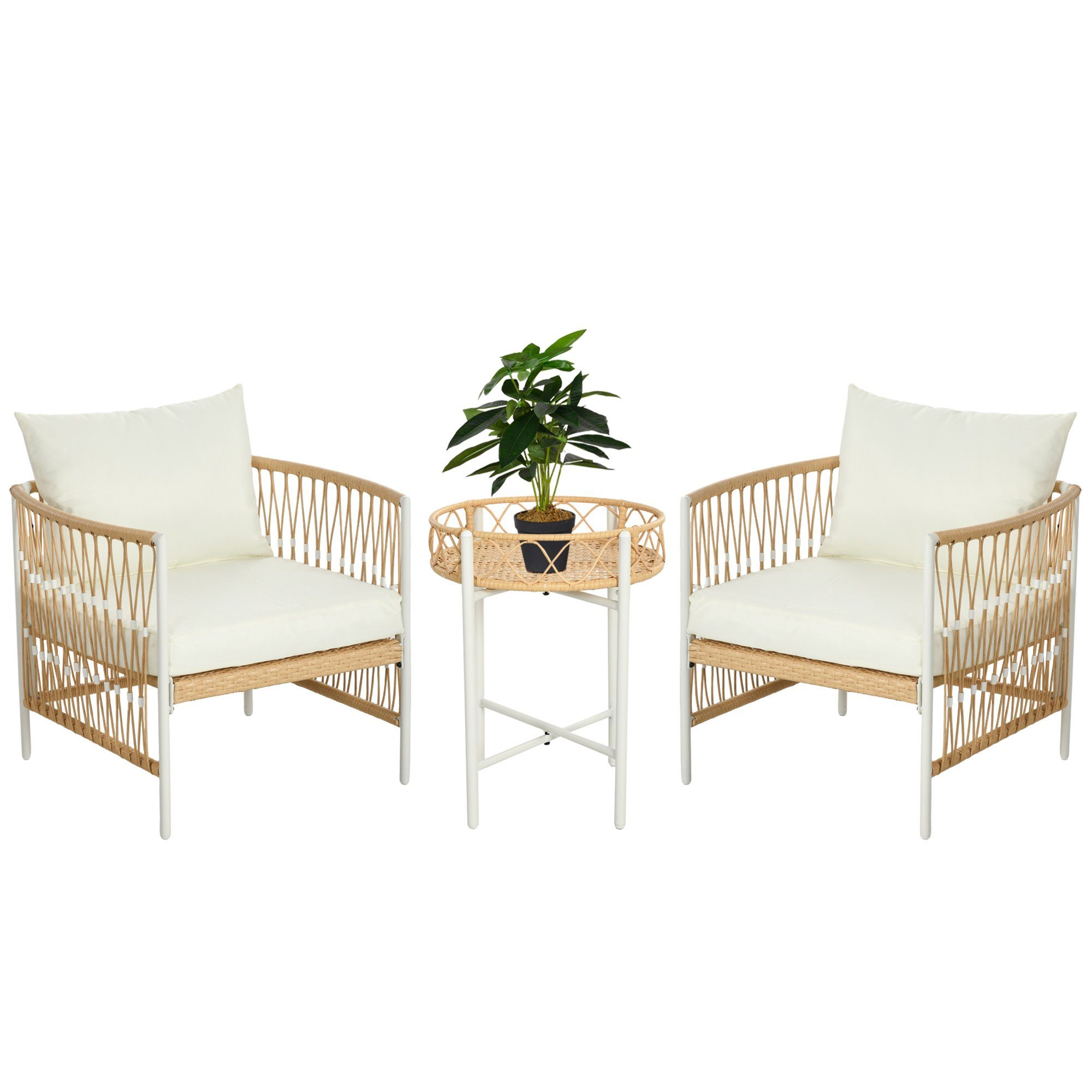 Outsunny Gartenlounge-Set Rattan Gartenmöbel-Set Gartengarnitur mit 2 Gartenstühle, Couchtisch, (Sitzgarnitur, 3-tlg., Balkonmöbel-Set), für Balkon, Terrasse, Gelb+Creme